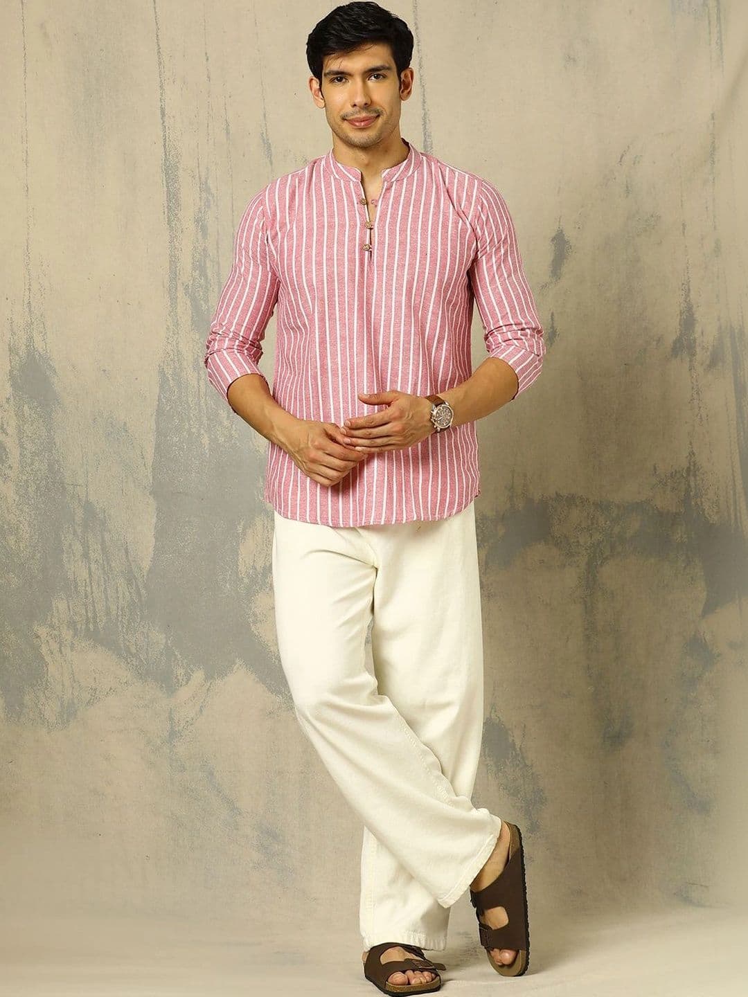 Anouk Woven Design Striped Cotton Handloom Mandarin Collar Short Kurta thumbnail 4