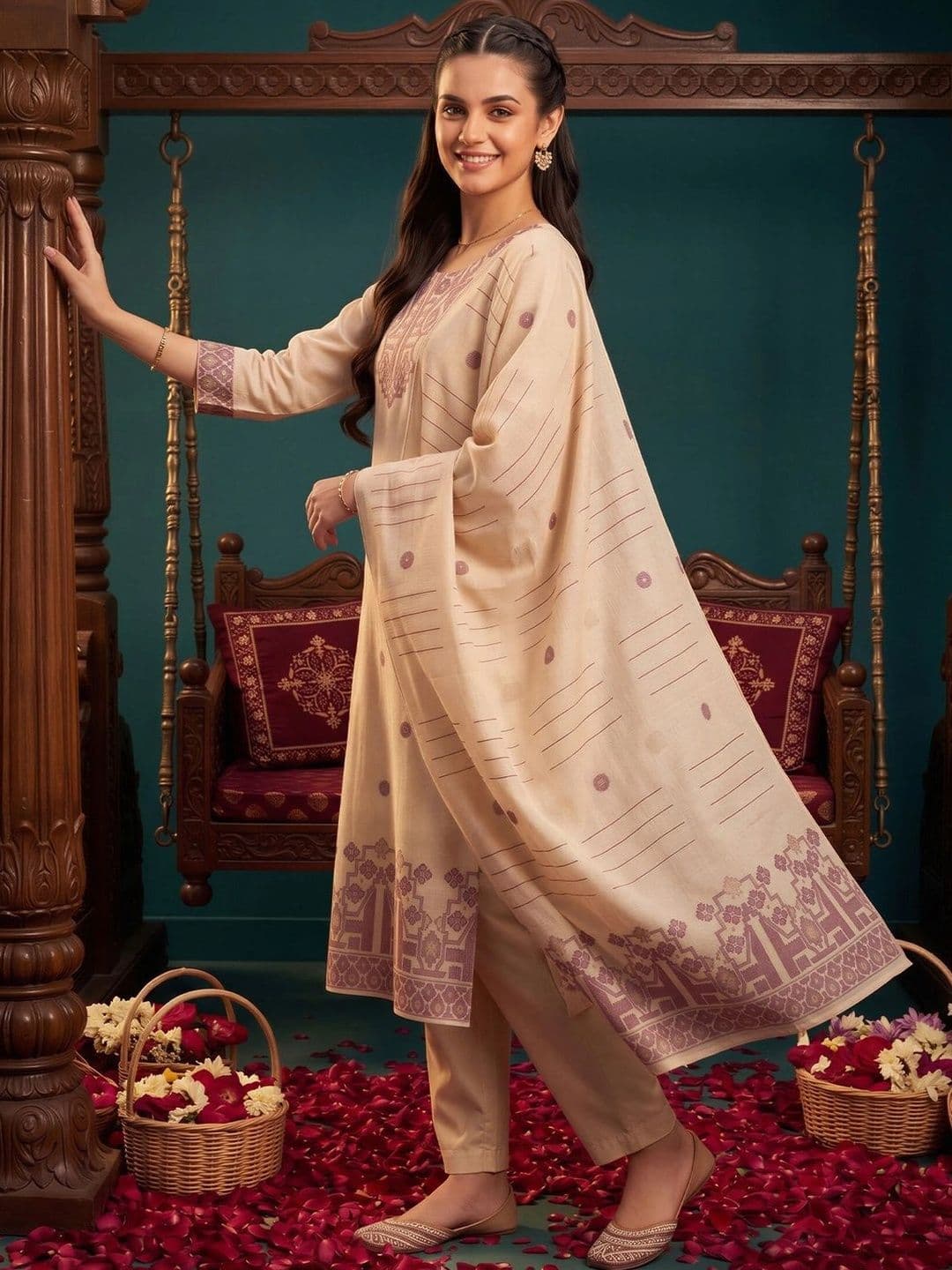 Indo Era Women Ethnic Motifs Embroidered Regular Thread Work Chanderi Silk Kurta with Trousers & With Dupatta thumbnail 4