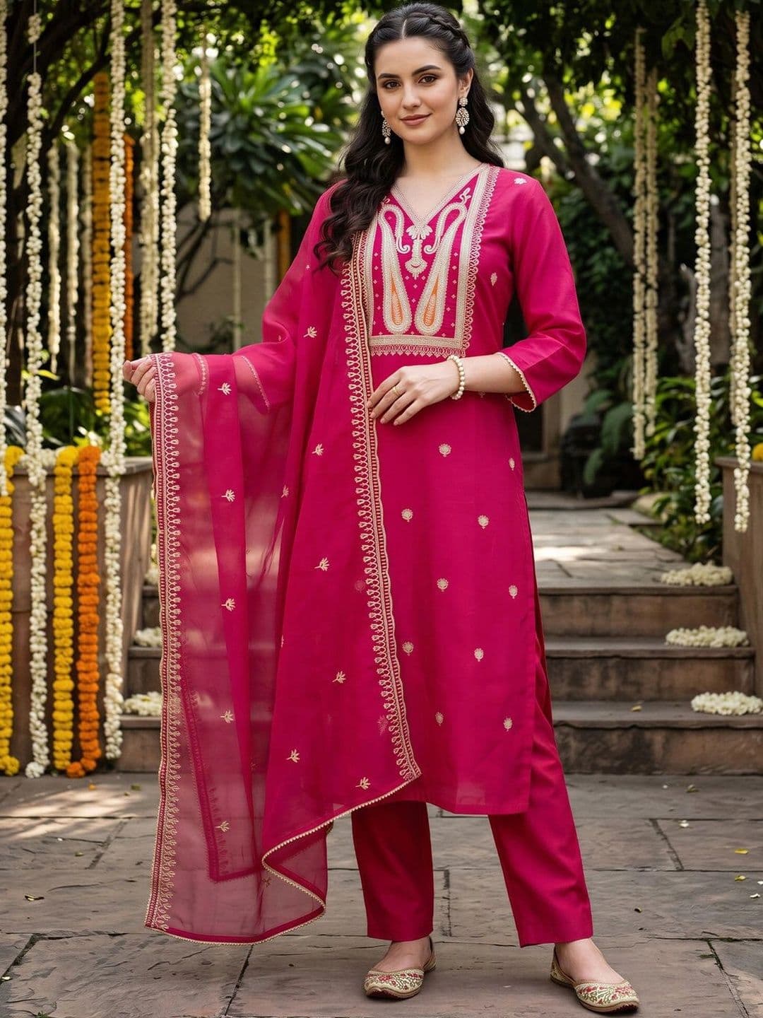 Indo Era Women Ethnic Motifs Embroidered Regular Thread Work Liva Kurta with Trousers & With Dupatta thumbnail 6
