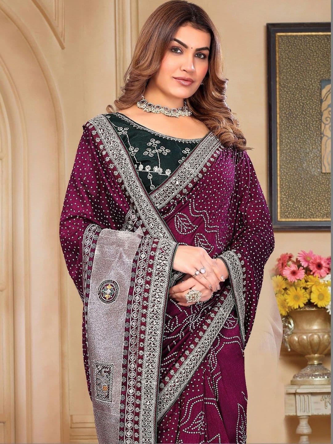 SmileyFashion Bandhani Embroidered Art Silk Designer Saree thumbnail 3
