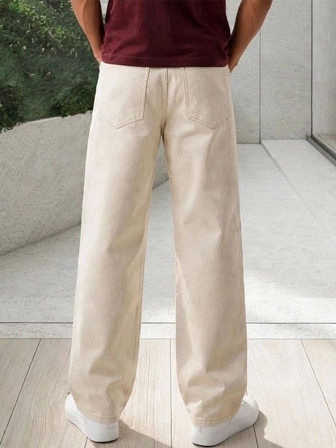HERE&NOW Men's Solid Beige Mid-Rise Wide-Leg Jeans with Contrast Stitching thumbnail 5