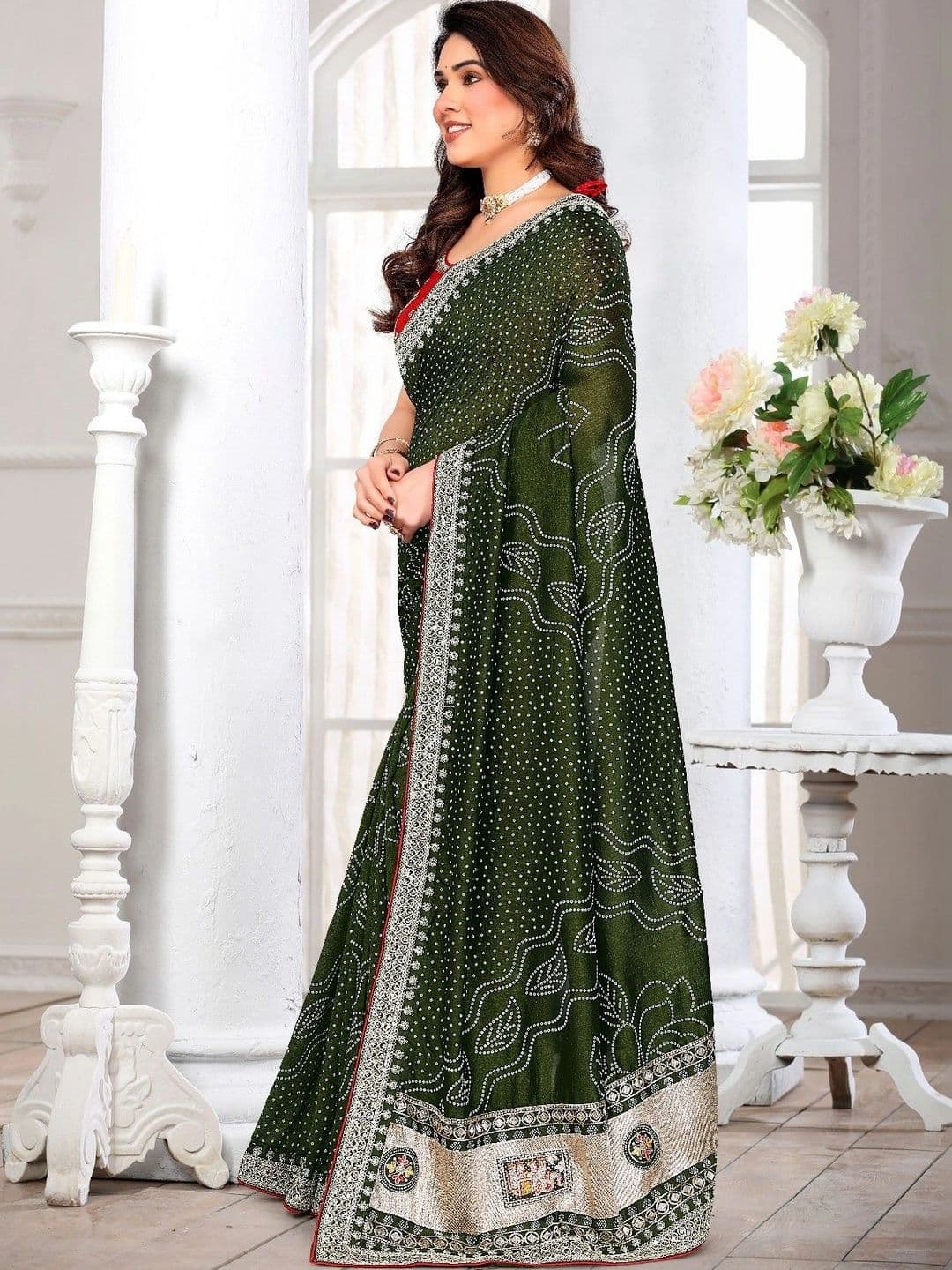 SmileyFashion Bandhani Embroidered Art Silk Designer Saree thumbnail 3