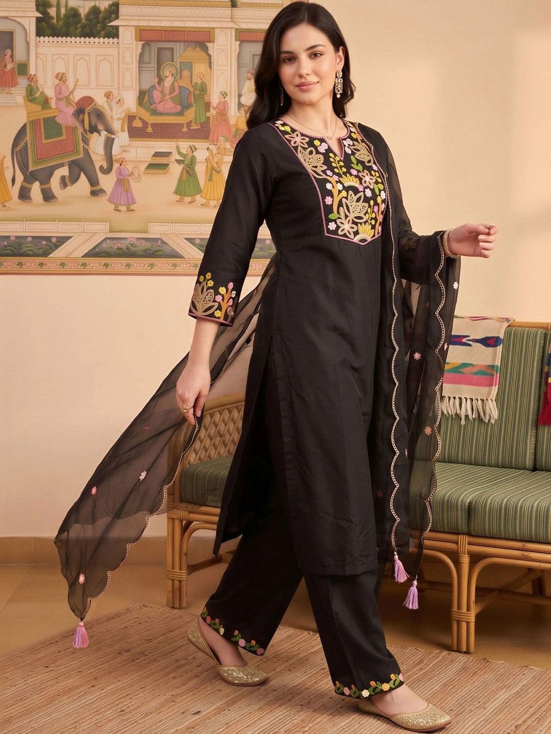 Indo Era Women Floral Embroidered Regular Thread Work Liva Kurta with Trousers & With Dupatta - view 1