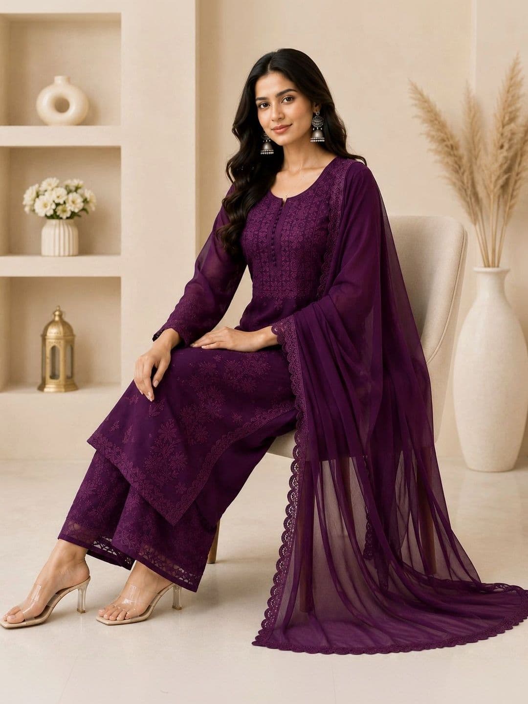 Meghrika Ethnics Women Ethnic Motifs Embroidered Regular Thread Work Kurta with Palazzos & With Dupatta thumbnail 3
