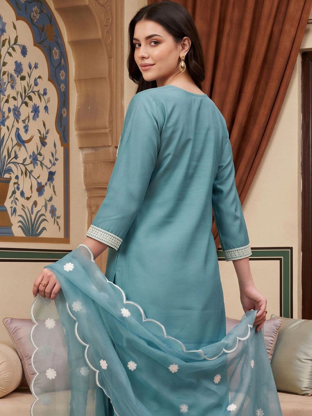 Indo Era Women Ethnic Motifs Embroidered Regular Thread Work Kurta with Trousers & With Dupatta thumbnail 6