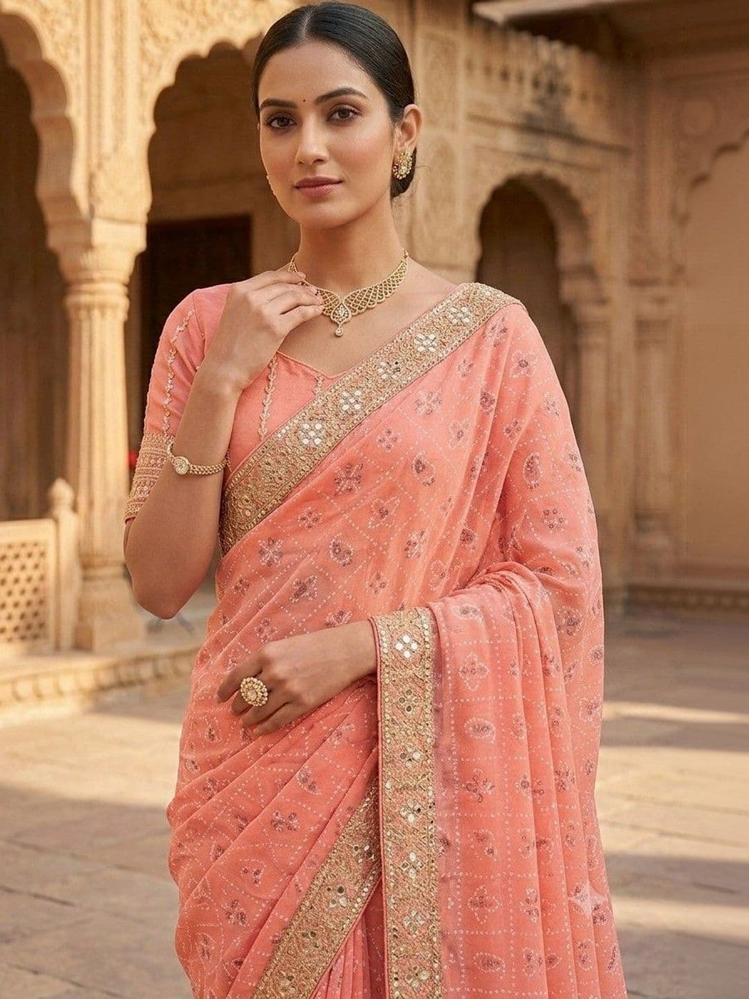 SmileyFashion Embellished Embroidered Art Silk Designer Bandhani Saree thumbnail 2