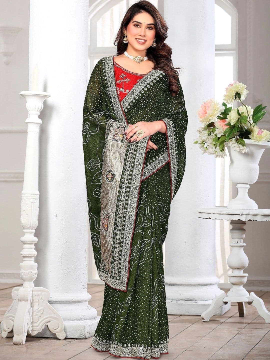 SmileyFashion Bandhani Embroidered Art Silk Designer Saree thumbnail 2