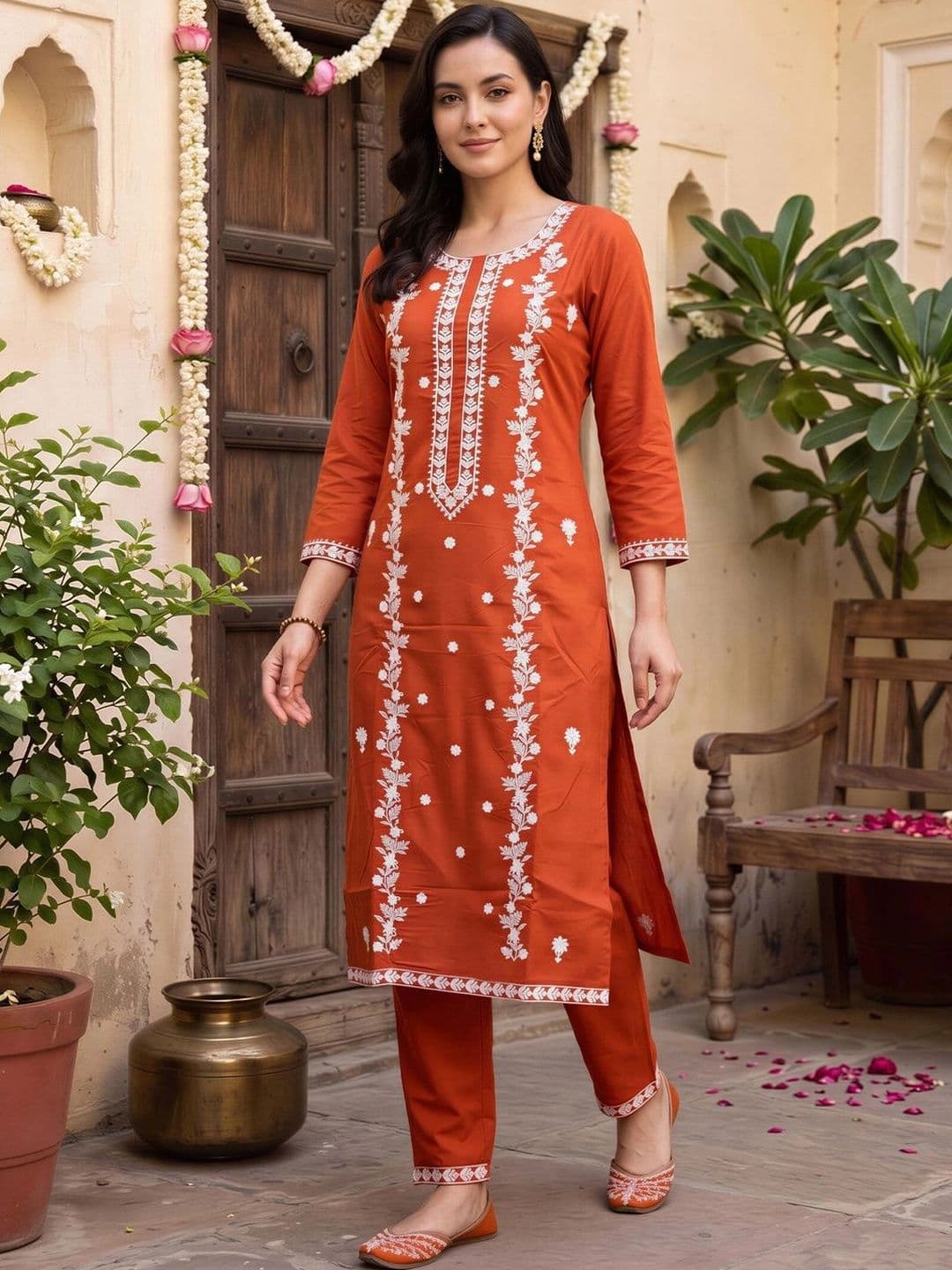 Indo Era Women Ethnic Motifs Embroidered Regular Thread Work Kurta with Trousers thumbnail 5