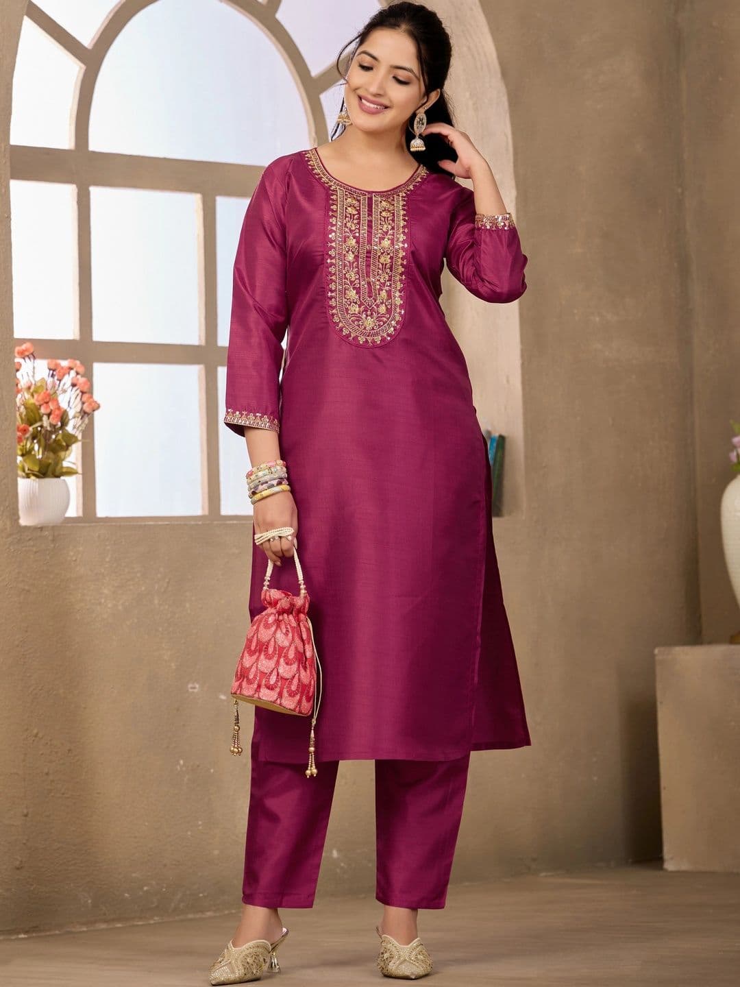 Sangria Embroidered Tunic with Trousers - view 1