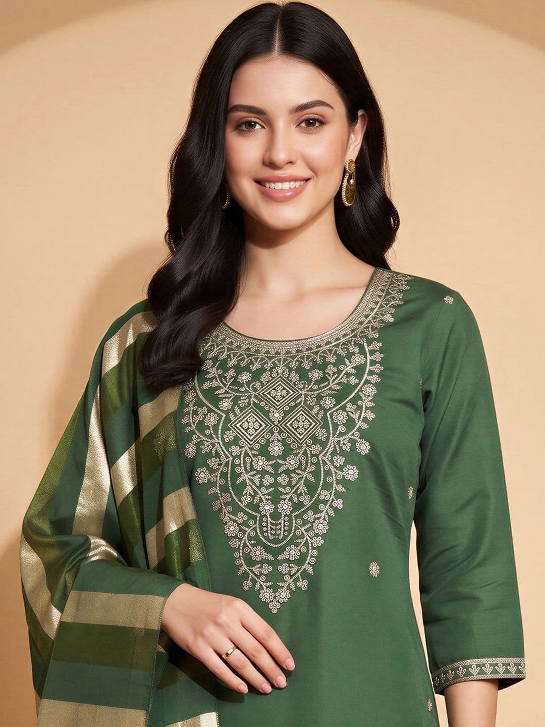 Indo Era Women Ethnic Motifs Embroidered Regular Thread Work Kurta with Trousers & With Dupatta thumbnail 4