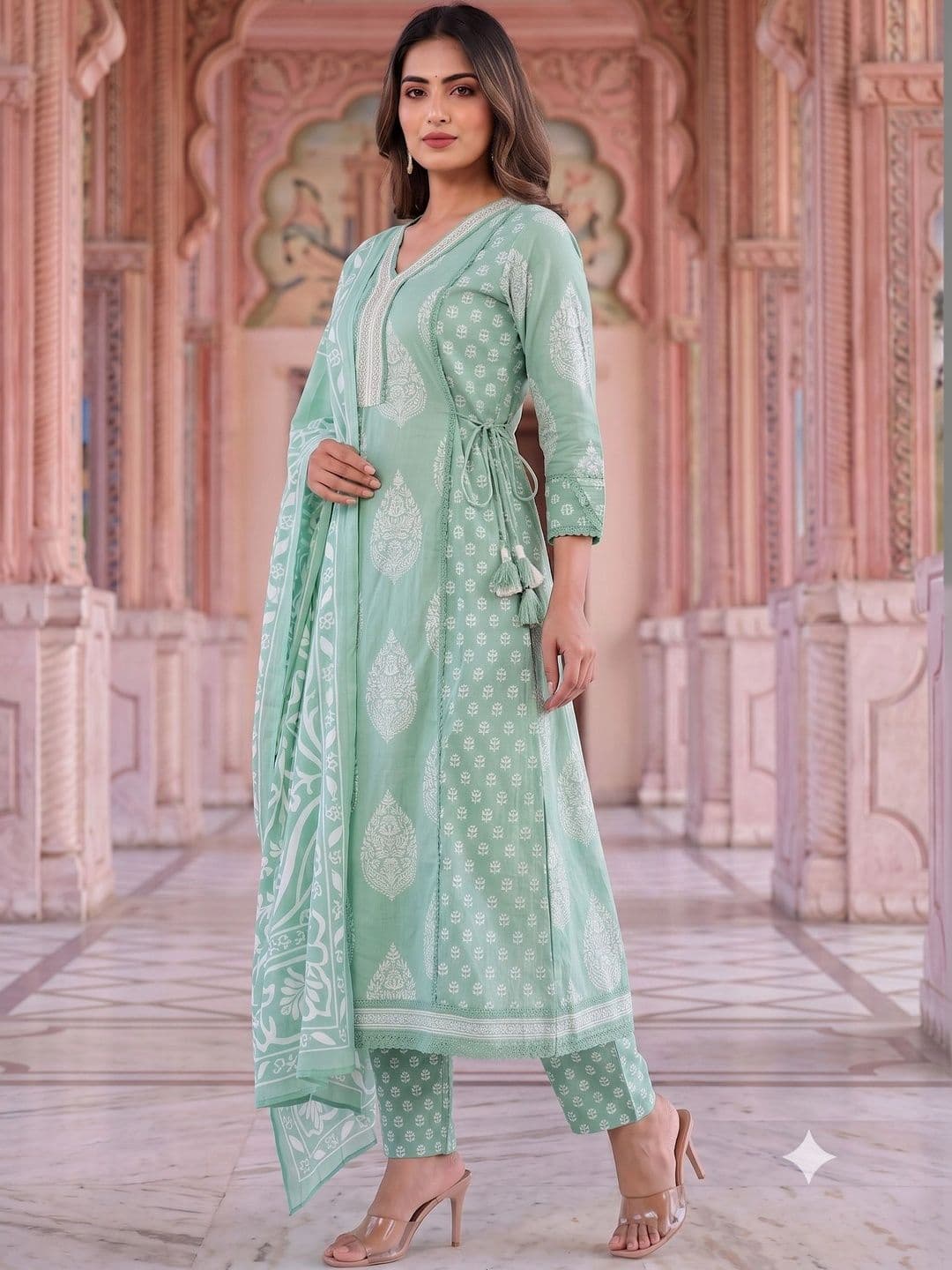 KALINI Women Ethnic Motifs Printed Angrakha Sequinned Pure Cotton Kurta with Trousers & With Dupatta thumbnail 4