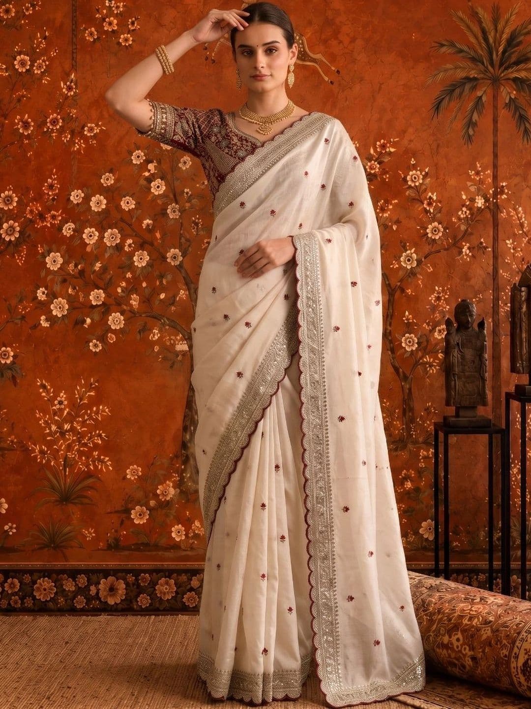 Sangria Embellished Embroidered Satin Saree thumbnail 3
