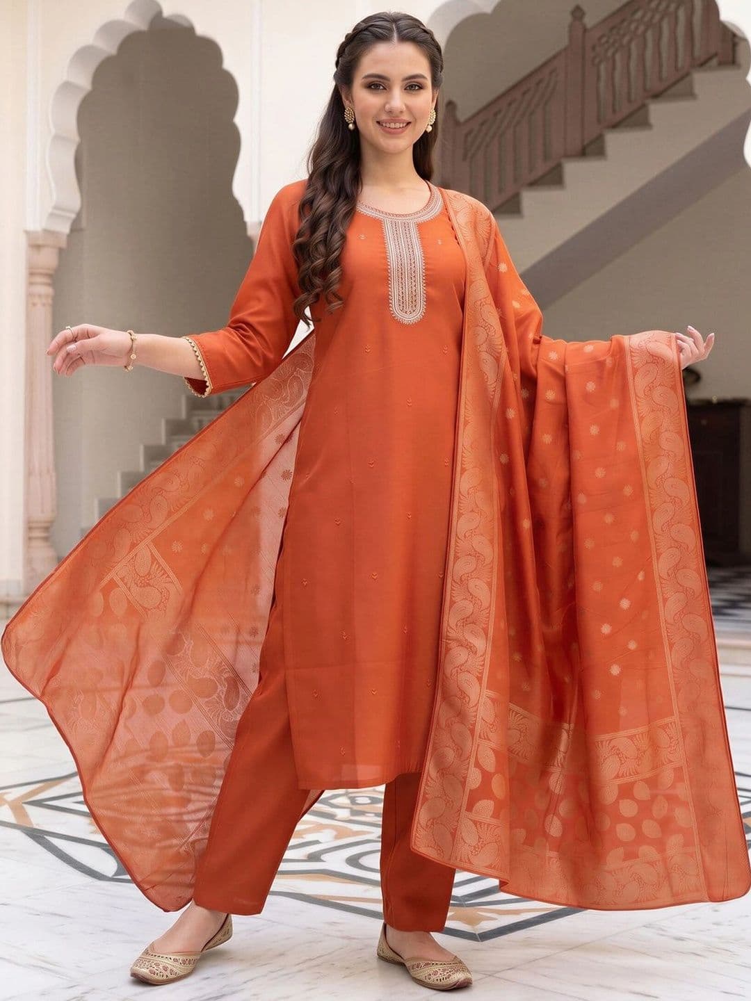 Indo Era Women Ethnic Motifs Embroidered Regular Thread Work Kurta with Trousers & With Dupatta - view 1
