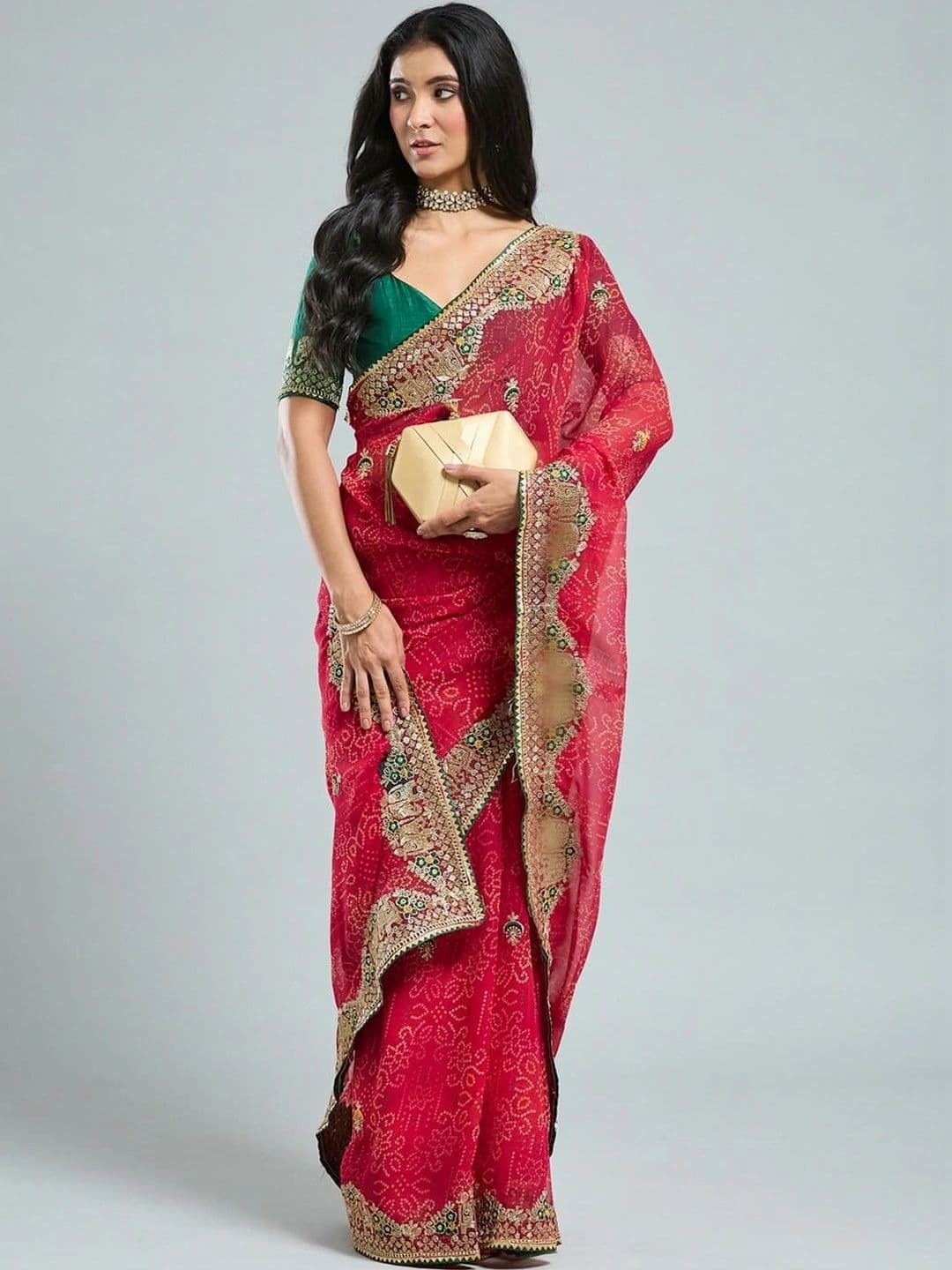 SAMANTHA Women Bandhani Embroidered Poly Georgette Saree thumbnail 5