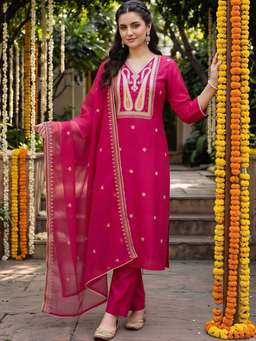 Indo Era Women Ethnic Motifs Embroidered Regular Thread Work Liva Kurta with Trousers & With Dupatta - view 1