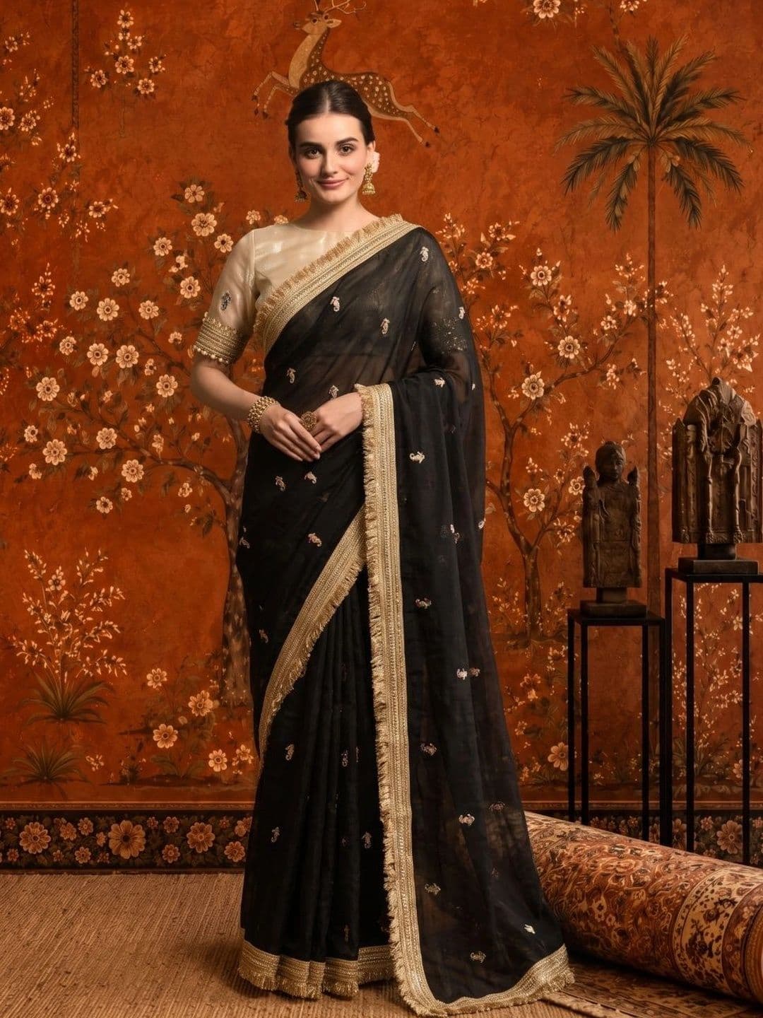 Sangria Embellished Embroidered Satin Saree thumbnail 3