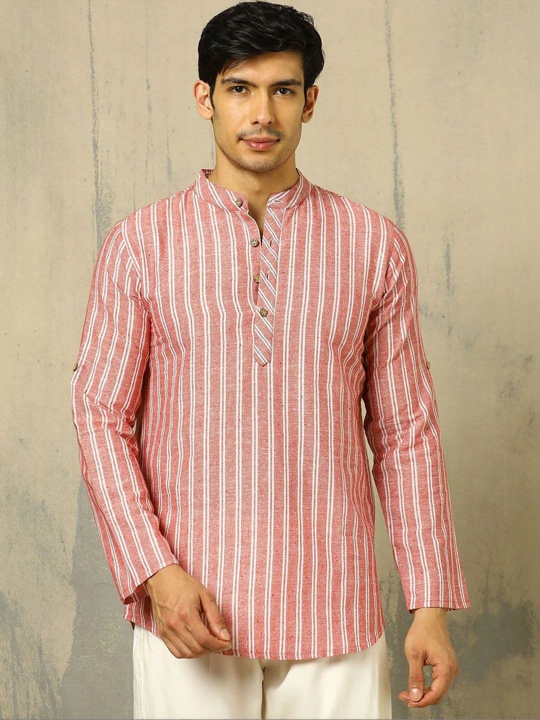 Anouk Woven Design Striped Cotton Handloom Mandarin Collar Short Kurta thumbnail 2
