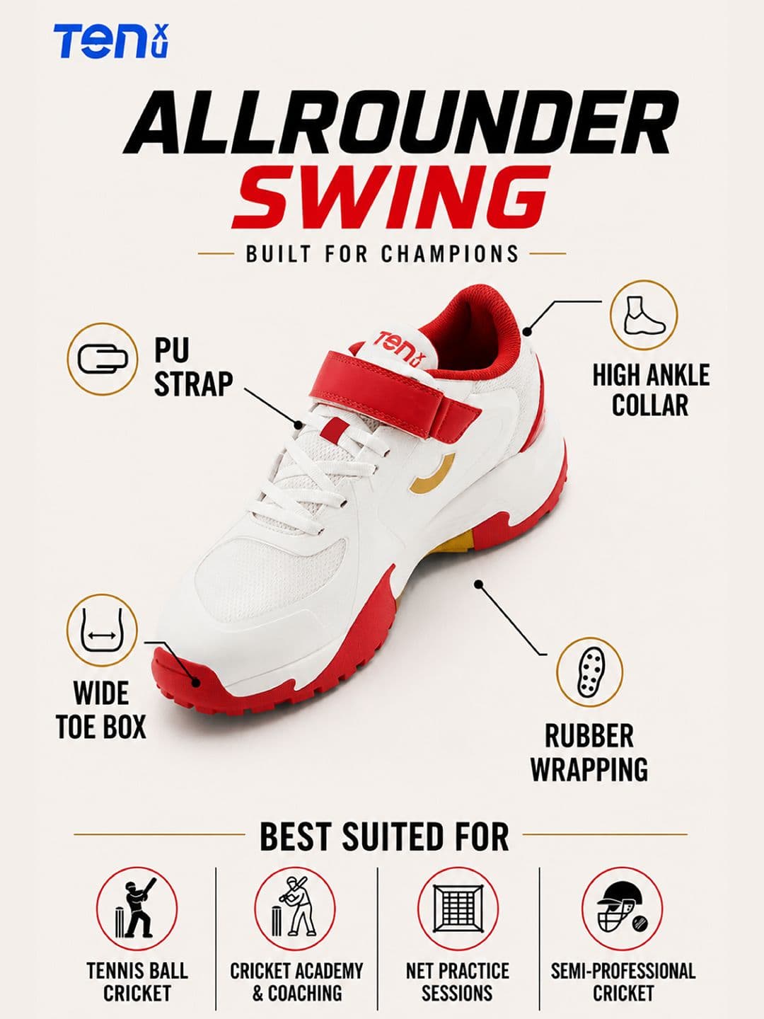 Ten x You Unisex All-rounder Swing Cricket Shoe - Ultra Lightweight Rubber Studs thumbnail 3