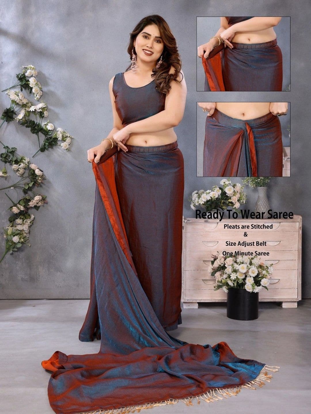 Sangria Organza Belted Maheshwari Saree thumbnail 3