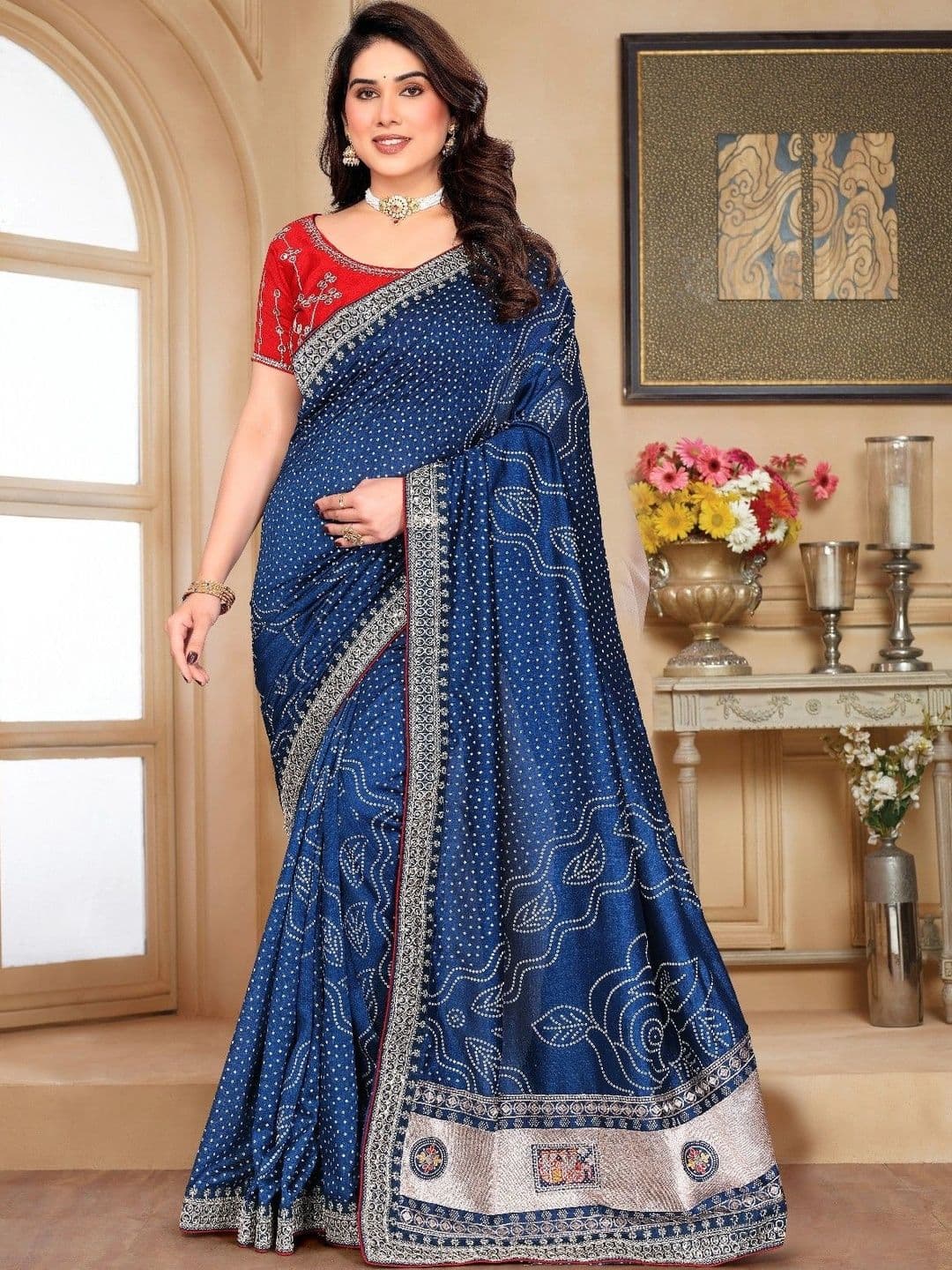 SmileyFashion Bandhani Embroidered Art Silk Designer Saree thumbnail 5