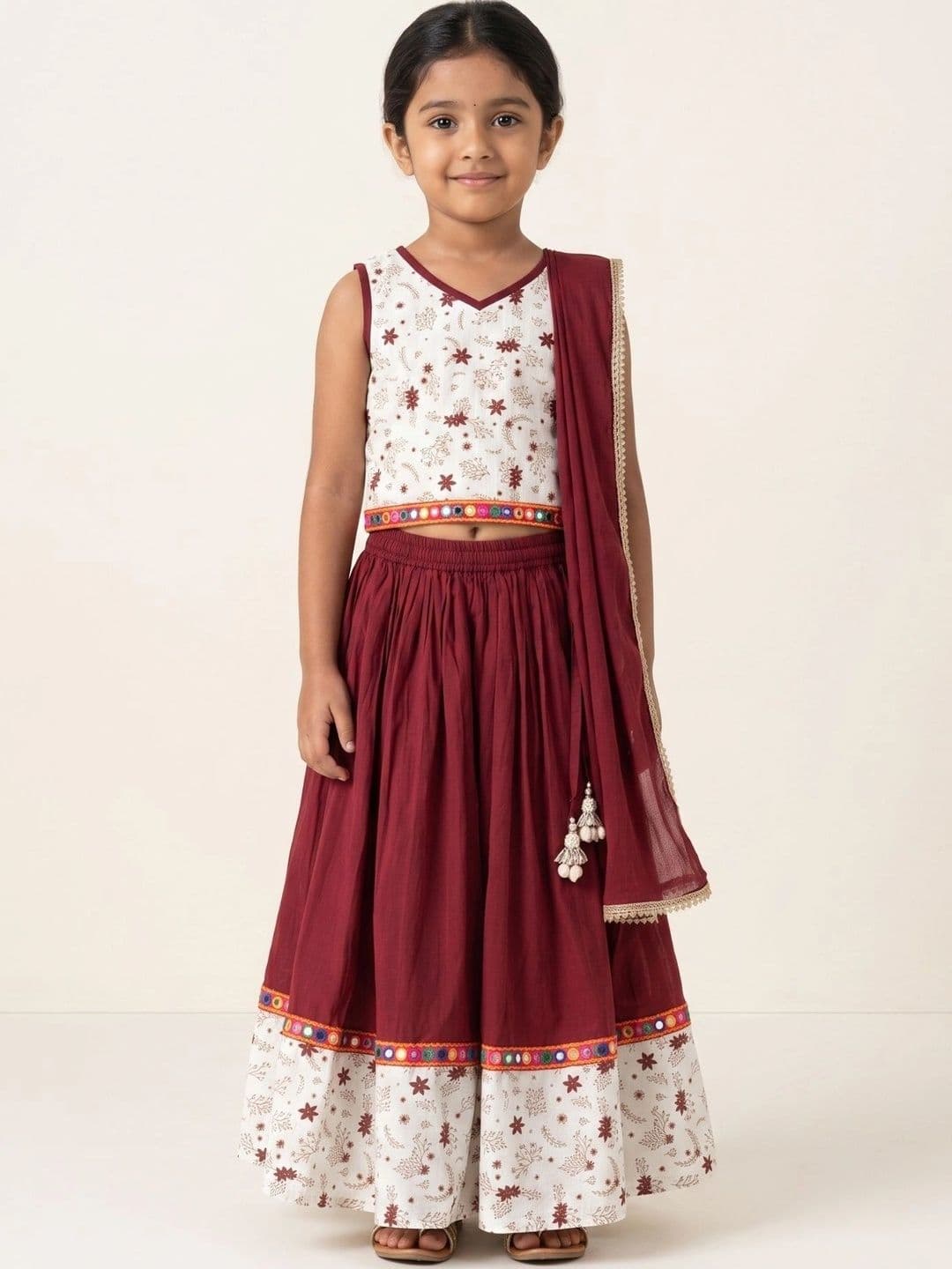 Desi Soota Girls Printed Mirror Work Ready to Wear Lehenga & Blouse With Dupatta - view 1