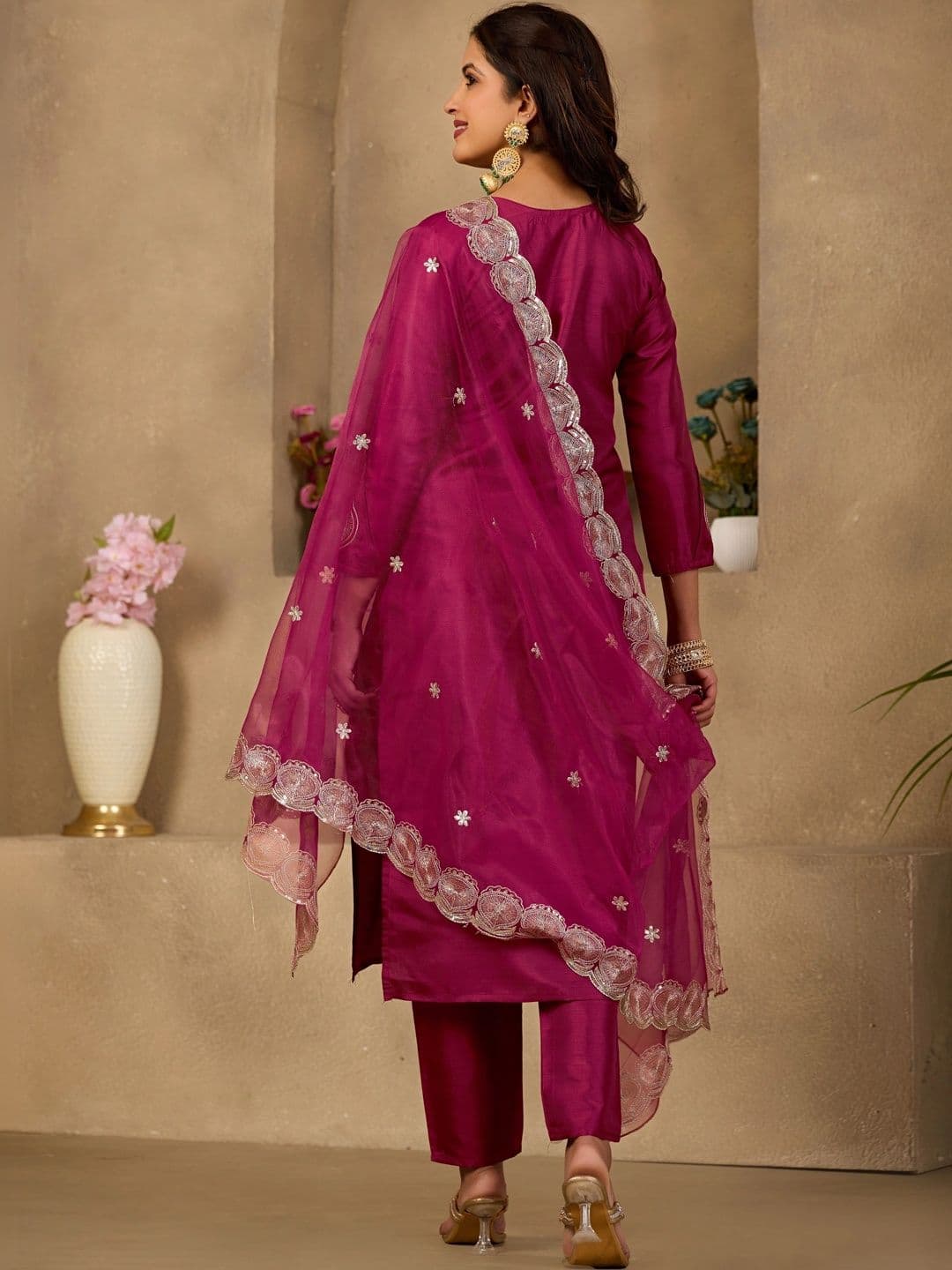 Sangria Women Ethnic Motifs Embroidered Regular Thread Work Kurta with Trousers & With Dupatta thumbnail 6