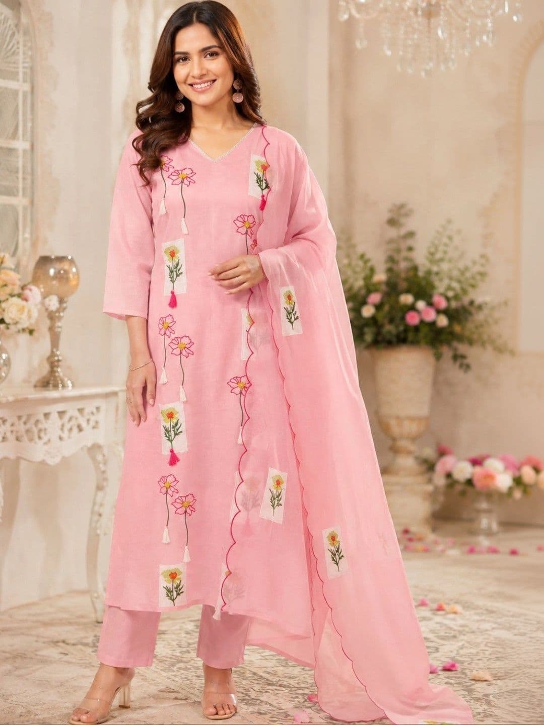 ESHMYRA Women Floral Embroidered Regular Thread Work Chanderi Silk Kurta with Trousers & With Dupatta - view 1
