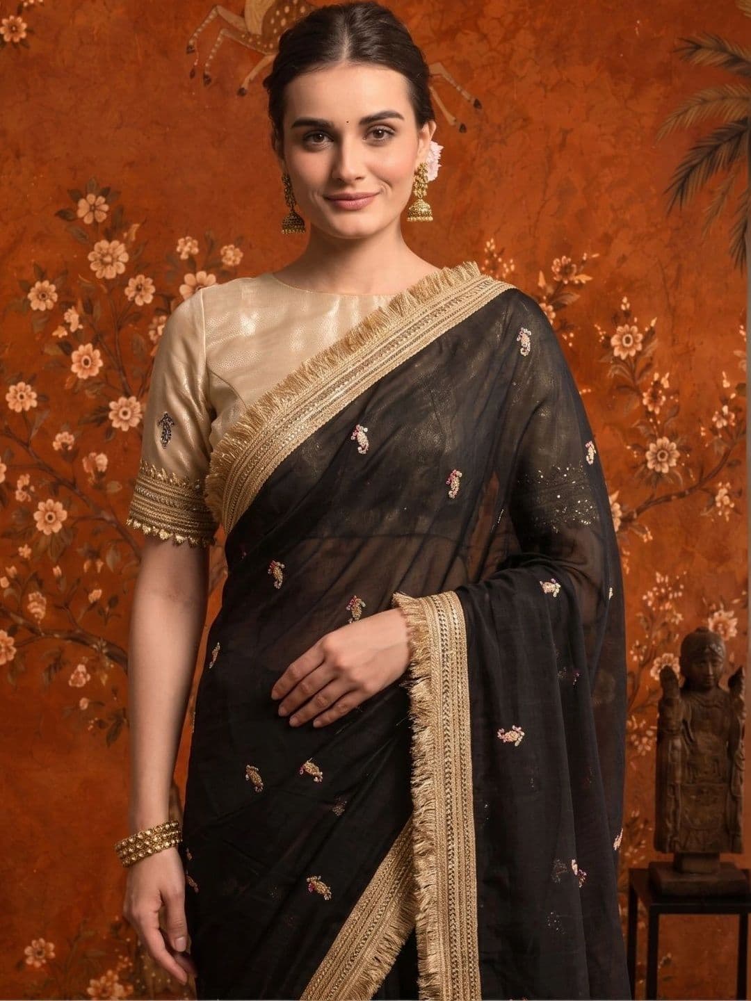 Sangria Embellished Embroidered Satin Saree - view 1