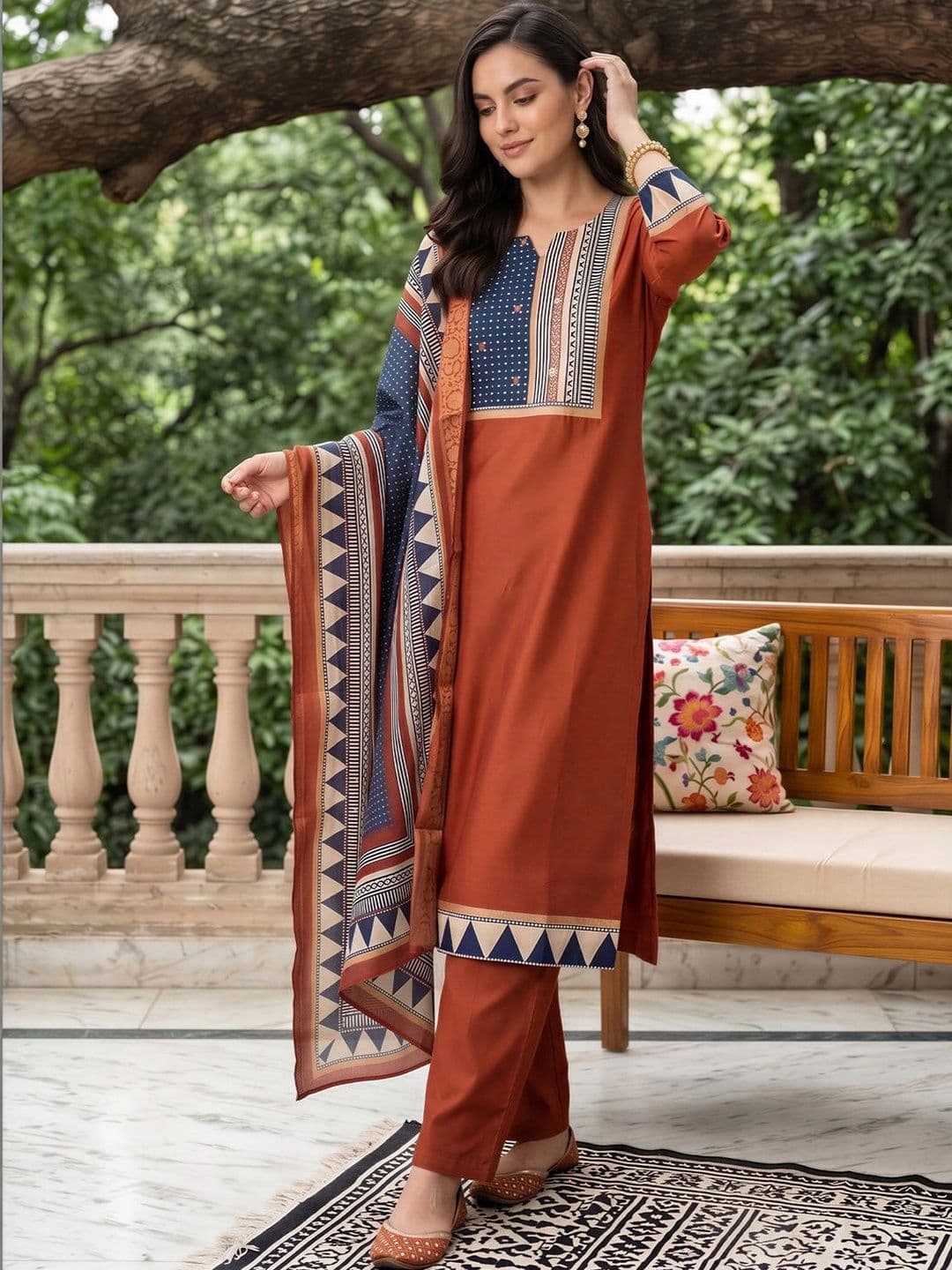 Indo Era Women Printed Regular Liva Kurta with Trousers & With Dupatta - view 1