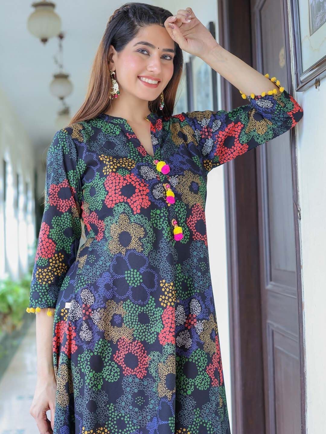 KALINI Floral Printed Mandarin Collar Cotton Pleated Anarkali Kurta thumbnail 4