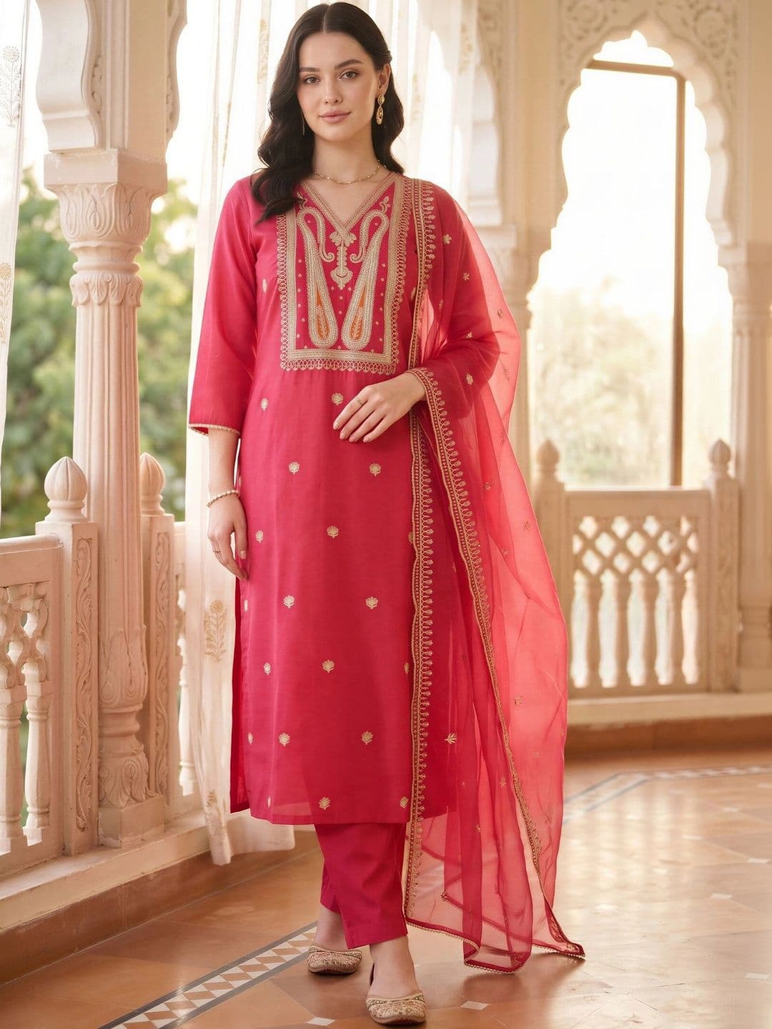 Indo Era Women Ethnic Motifs Embroidered Regular Liva Kurta with Trousers & With Dupatta - view 1