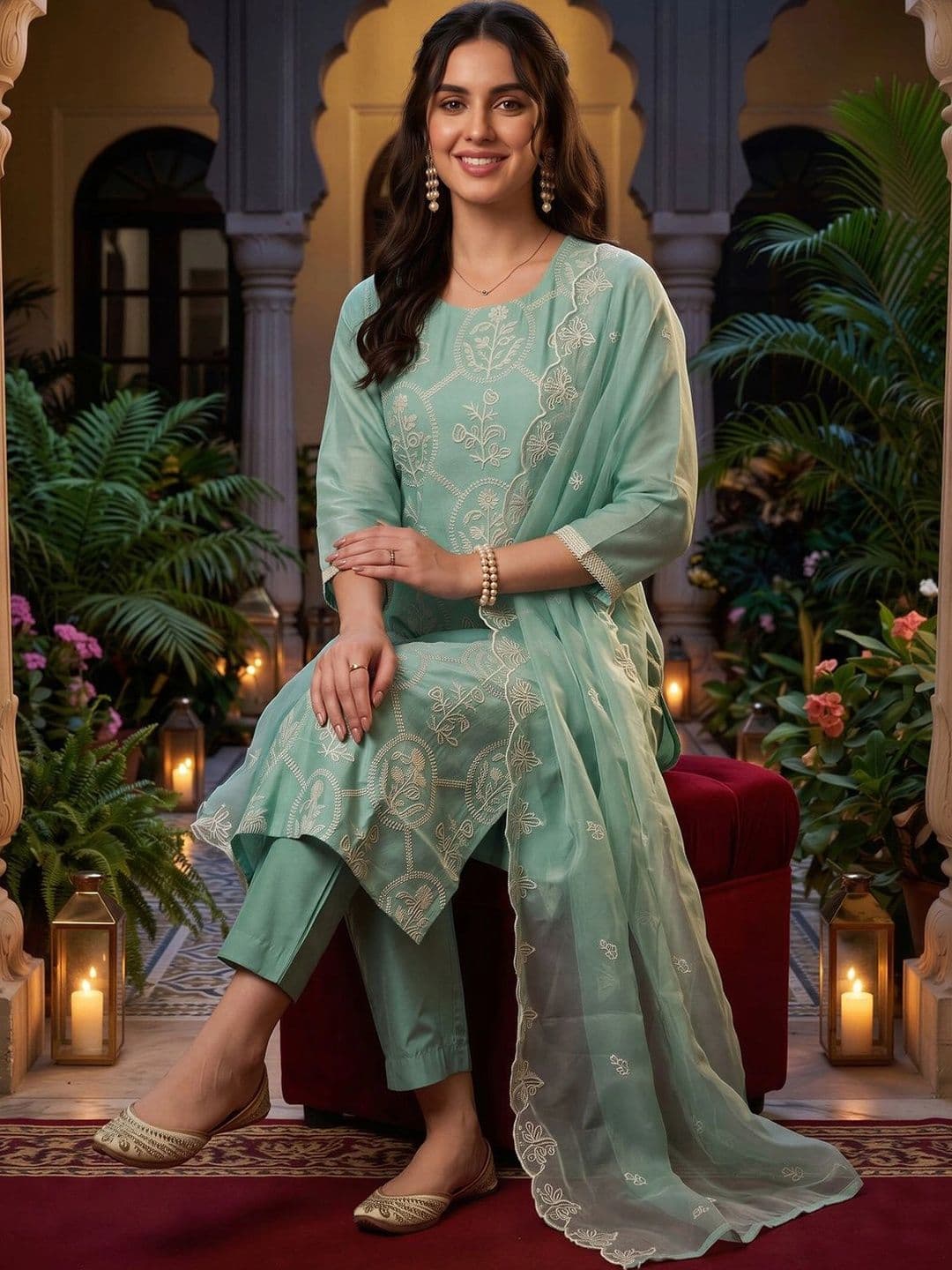 Indo Era Women Ethnic Motifs Embroidered Regular Thread Work Kurta with Trousers & With Dupatta thumbnail 5