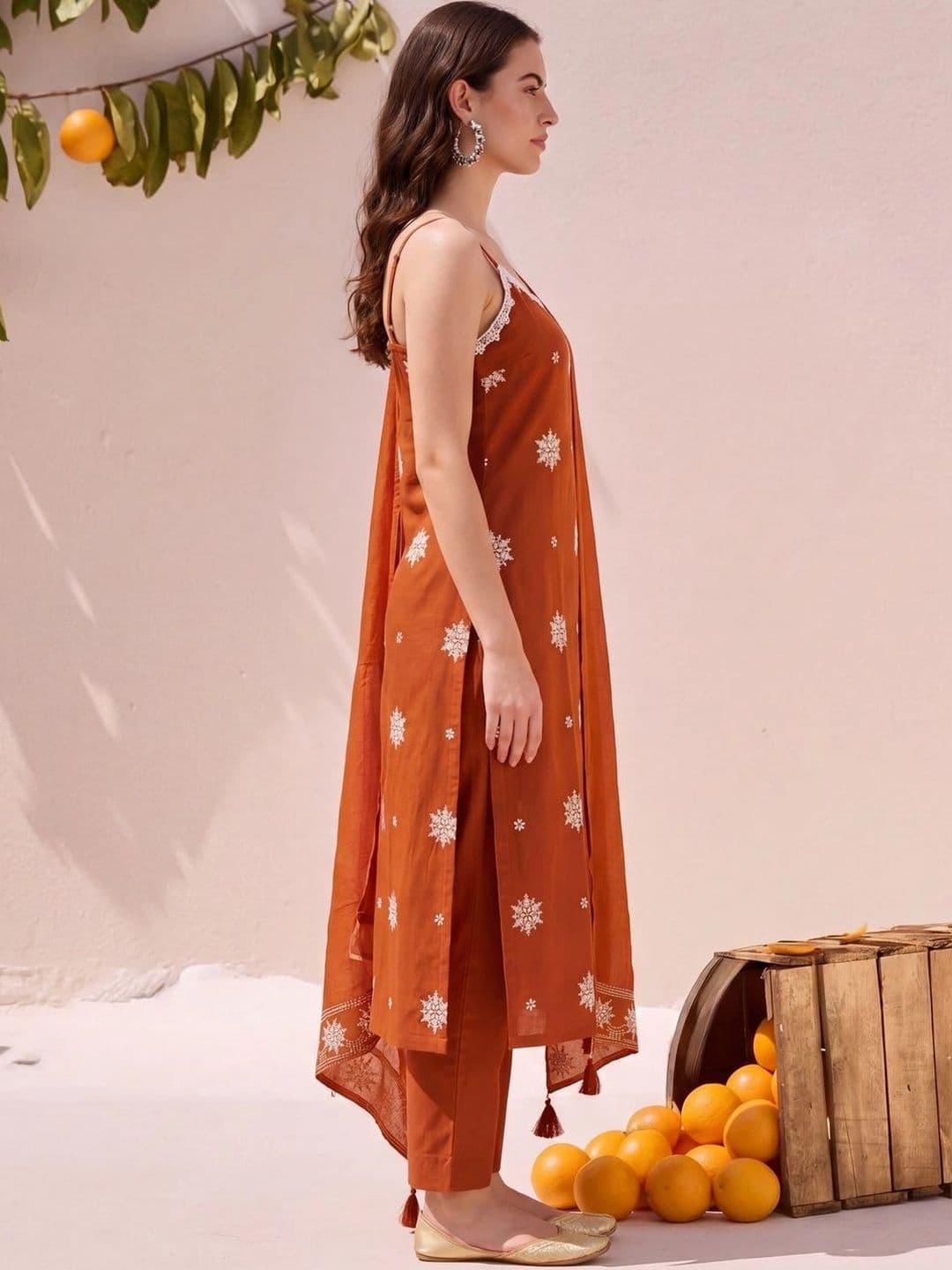 SHREE KHODAL FASHION Women Ethnic Motifs Embroidered Regular Thread Work Pure Cotton Kurta with Trousers & thumbnail 5