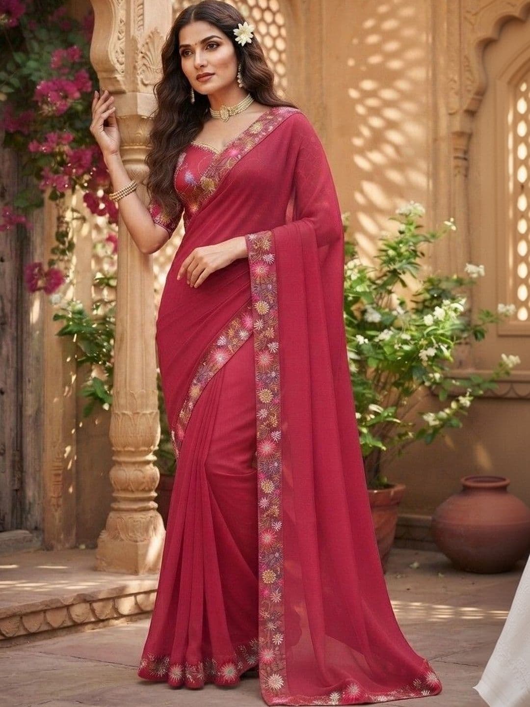 SmileyFashion Floral Embroidered Art Silk Saree thumbnail 4