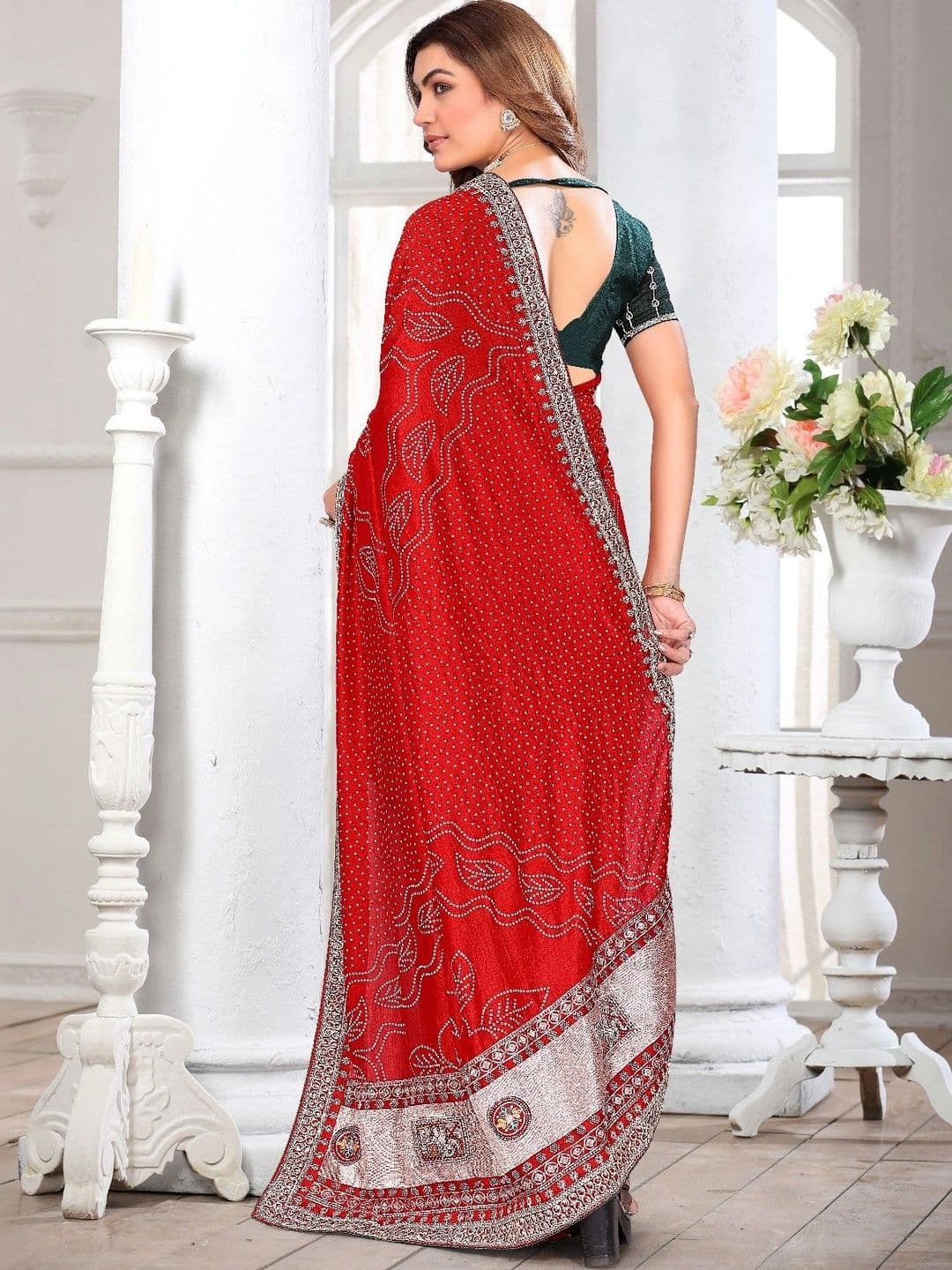 SmileyFashion Bandhani Embroidered Art Silk Designer Saree thumbnail 4