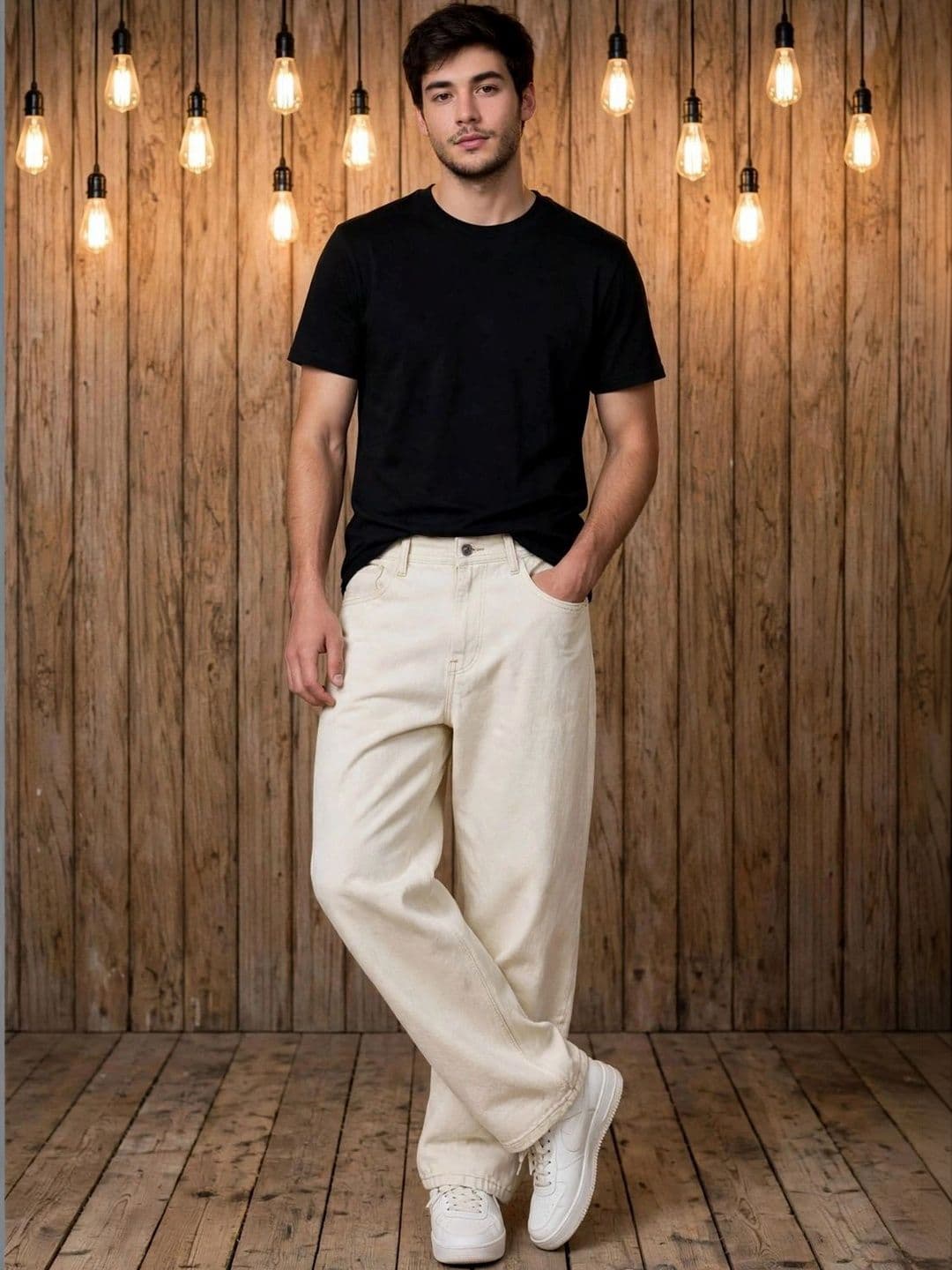 HERE&NOW Men's Off-White Solid Wide-Leg Jeans thumbnail 5