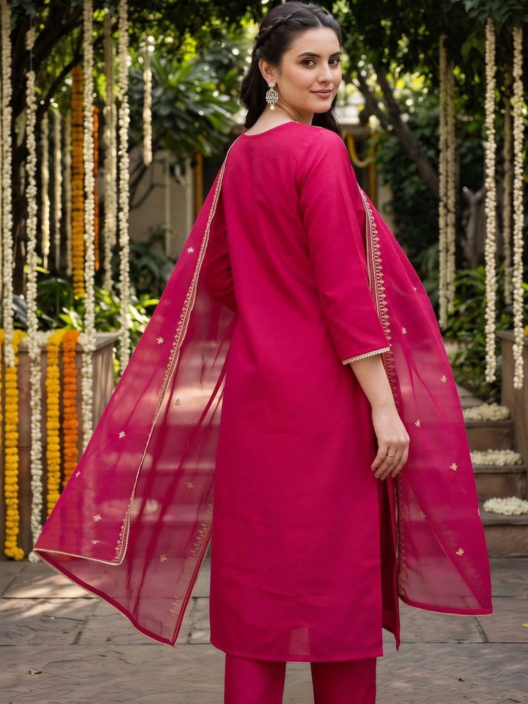 Indo Era Women Ethnic Motifs Embroidered Regular Thread Work Liva Kurta with Trousers & With Dupatta thumbnail 2