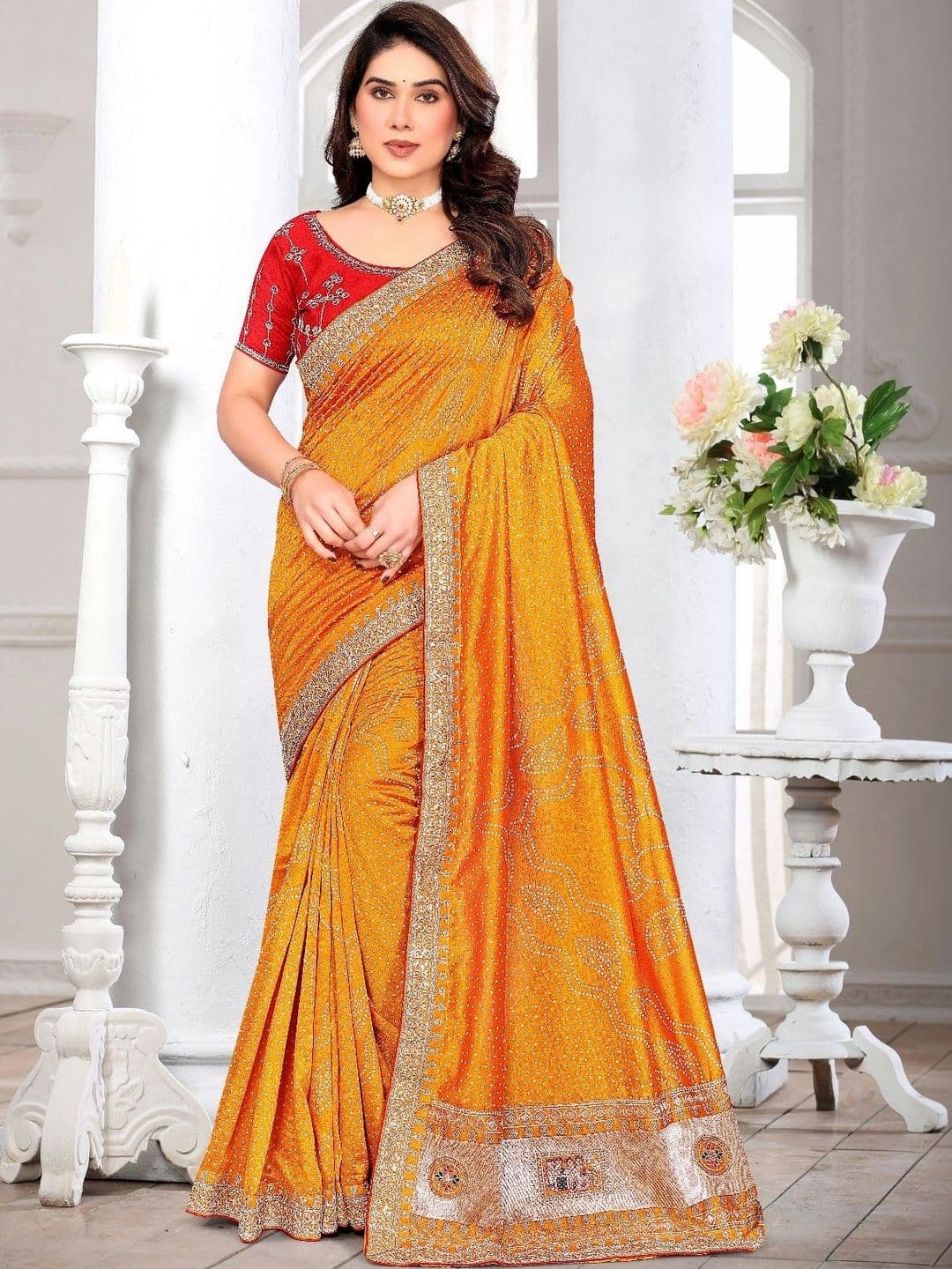 SmileyFashion Bandhani Embroidered Art Silk Designer Saree thumbnail 5