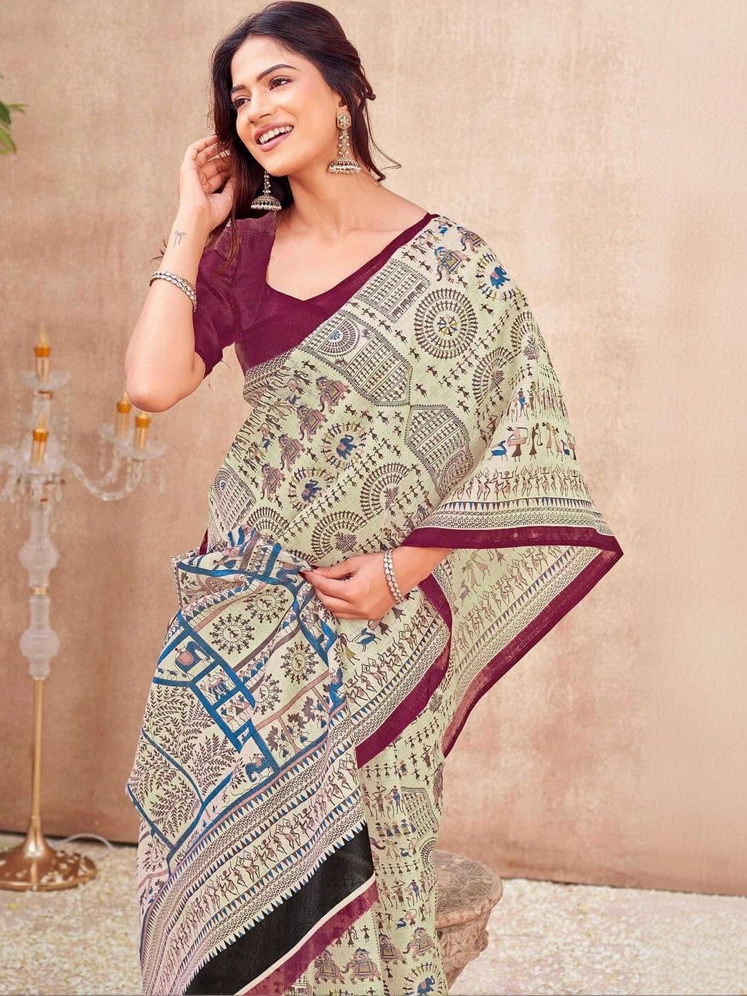 KALINI Women Printed Cotton Blend  Warli Fusion Saree thumbnail 3