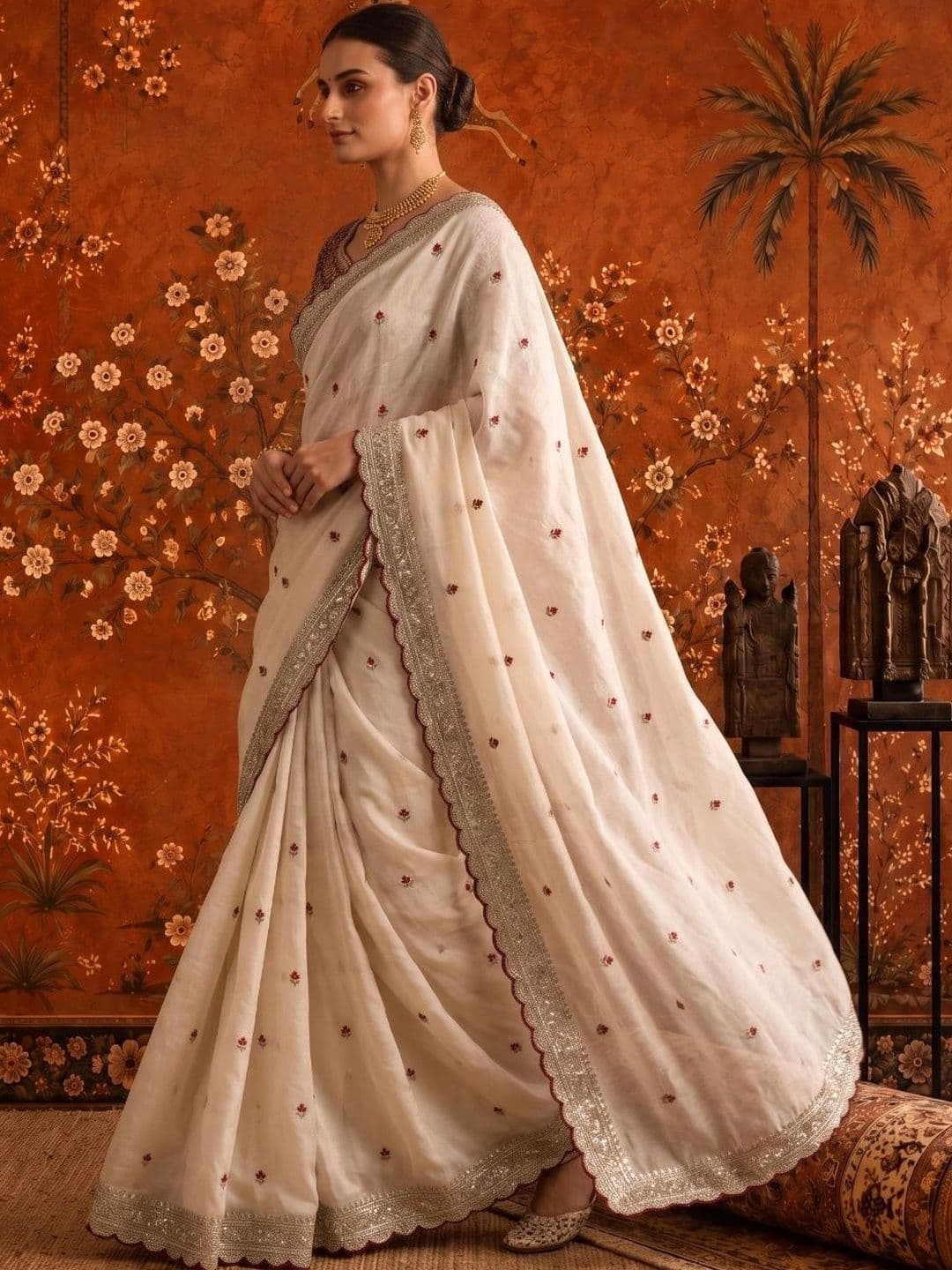 Sangria Embellished Embroidered Satin Saree thumbnail 2