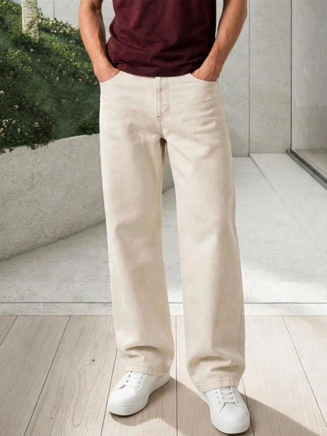 HERE&NOW Men's Solid Beige Mid-Rise Wide-Leg Jeans with Contrast Stitching - view 1