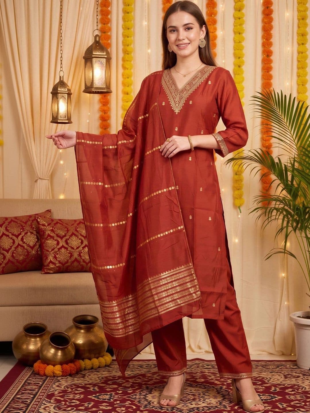 Indo Era Women Ethnic Motifs Embroidered Regular Kurta with Trousers & With Dupatta - view 1