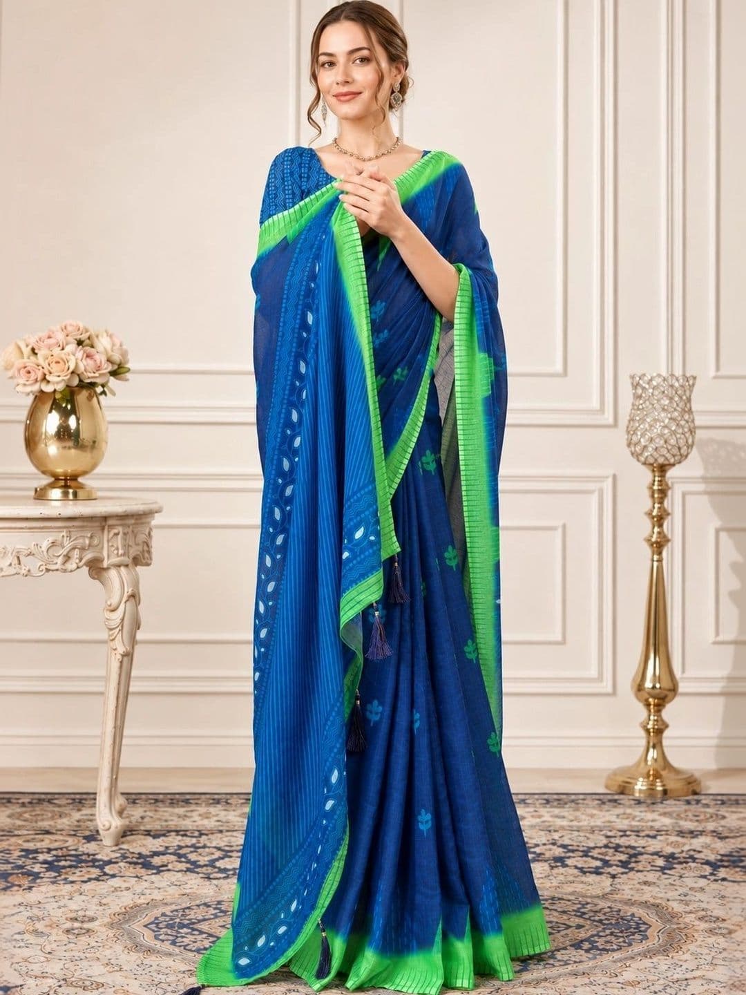 V3 FASHION STUDIO Ethnic Motifs Zari Linen Blend Handloom Block Print Saree thumbnail 4