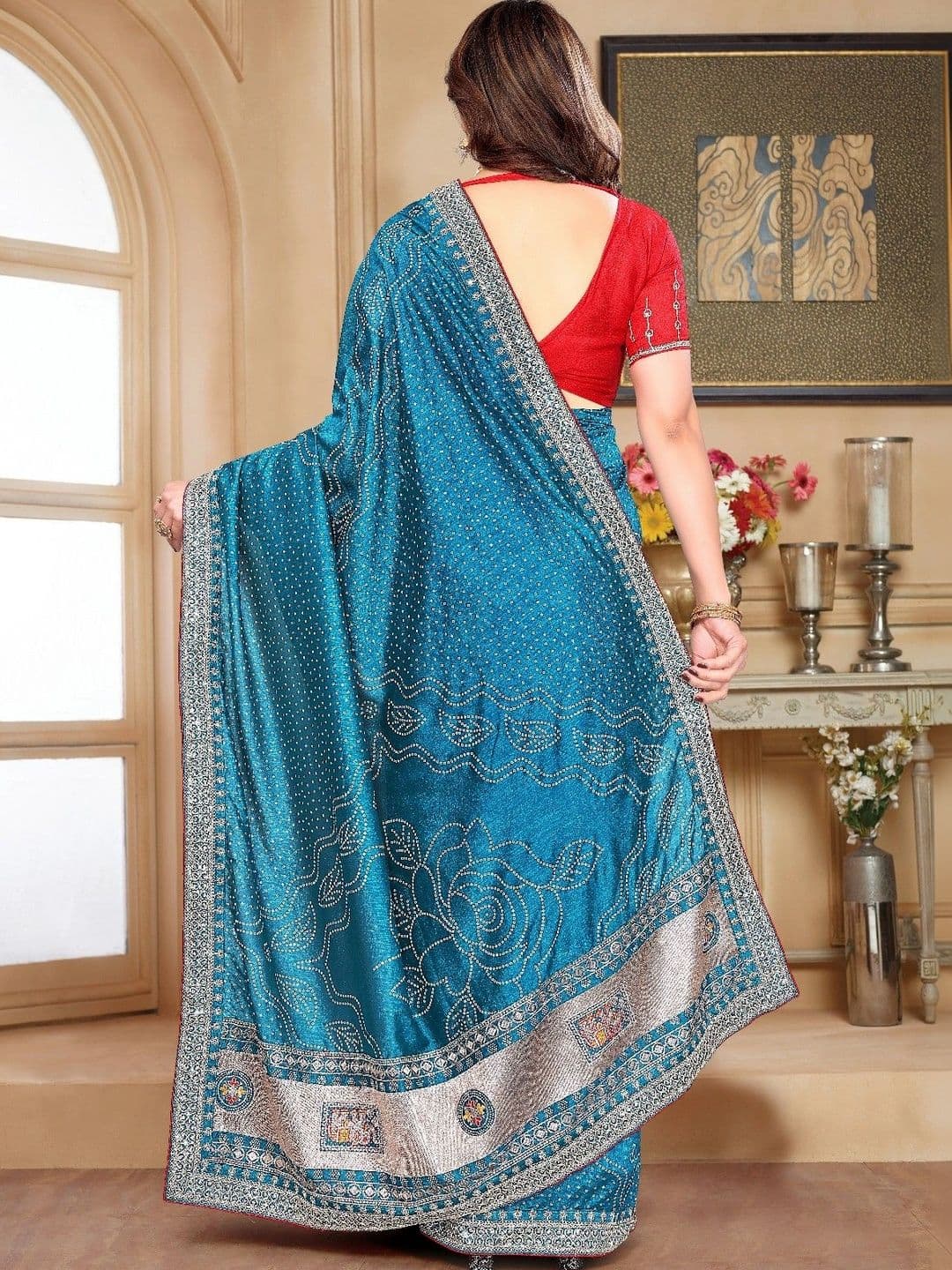 SmileyFashion Bandhani Embroidered Art Silk Designer Saree thumbnail 4