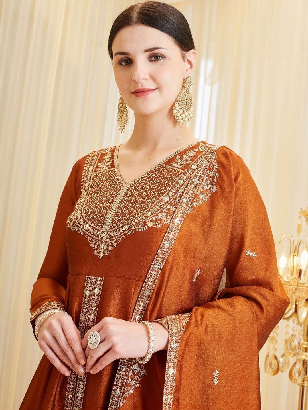 Colors  of Earth Colors of Earth Silk Embroidered Anarkali Kurta And Palazzo Set With Dupatta thumbnail 4