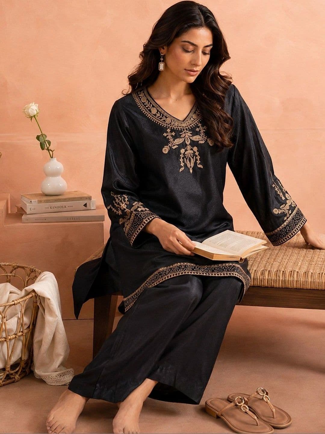 Sangria Women Ethnic Motifs Embroidered Regular Thread Work Kurta with Trousers - view 1