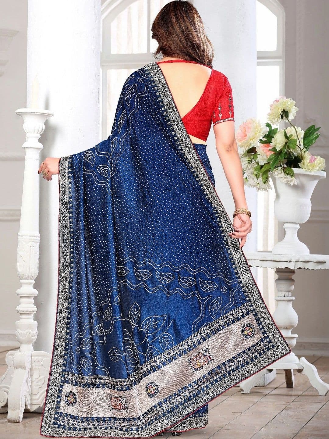 SmileyFashion Bandhani Embroidered Art Silk Designer Saree thumbnail 3