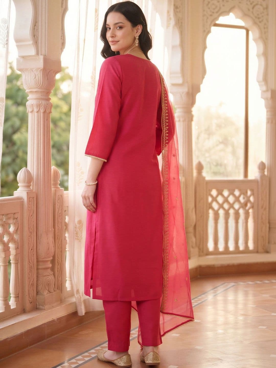 Indo Era Women Ethnic Motifs Embroidered Regular Liva Kurta with Trousers & With Dupatta thumbnail 3