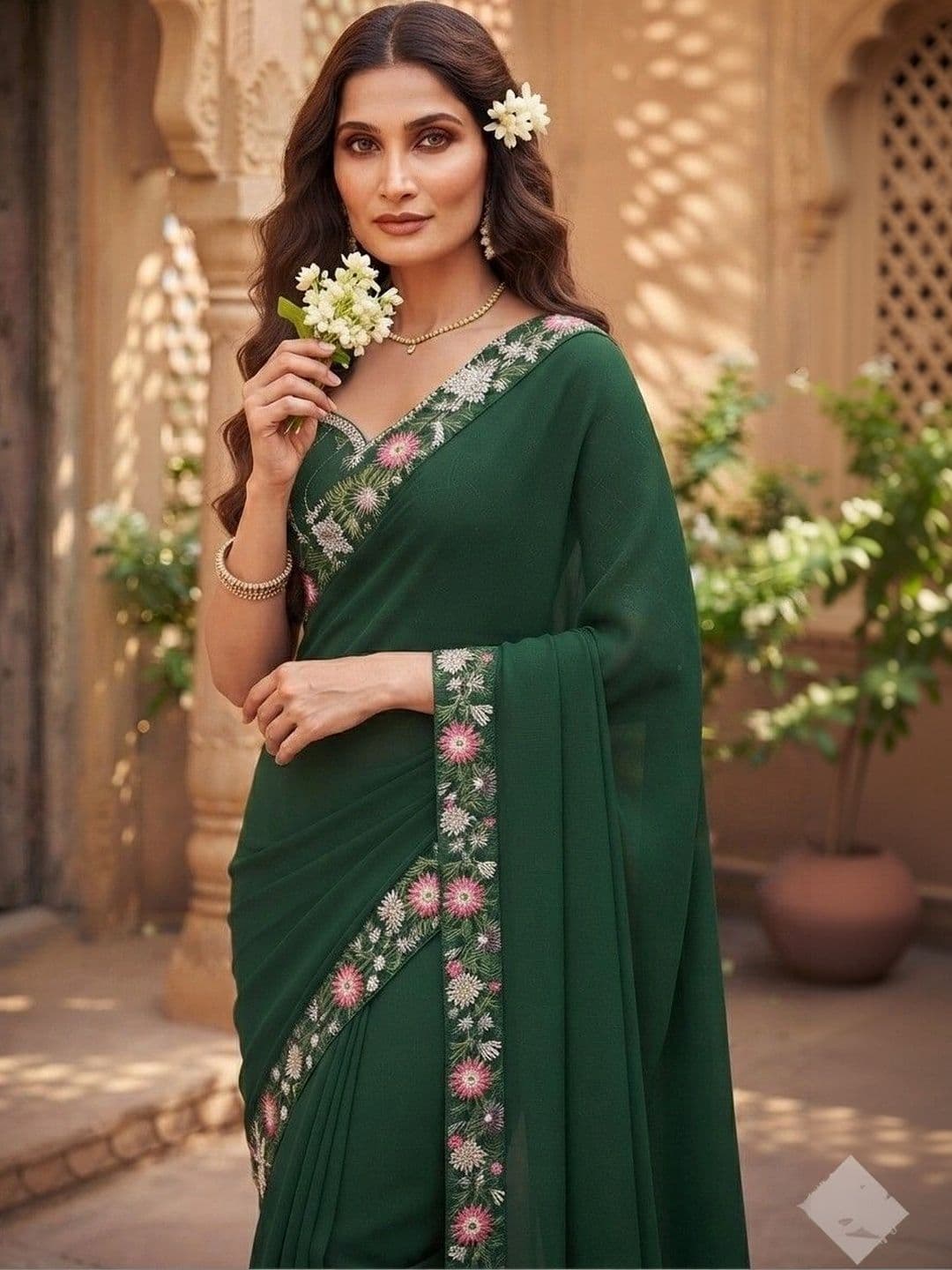SmileyFashion Floral Art Silk Saree thumbnail 4