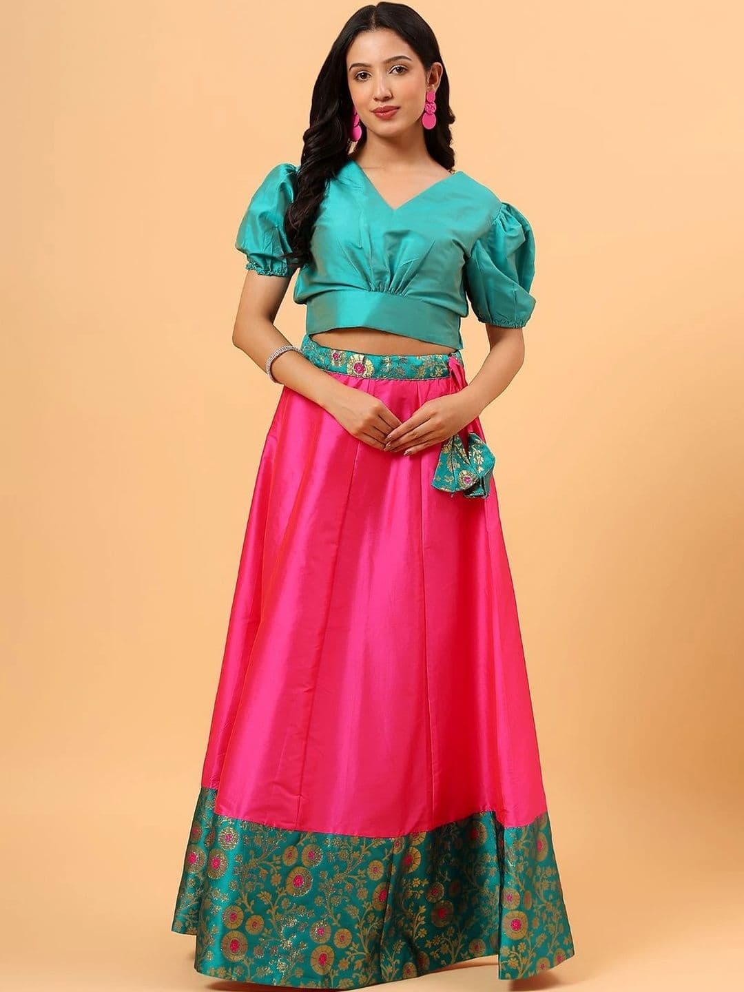 Frolic Rolic Floral Silk Border Skirt & Solid Silk Blouse Set - view 1